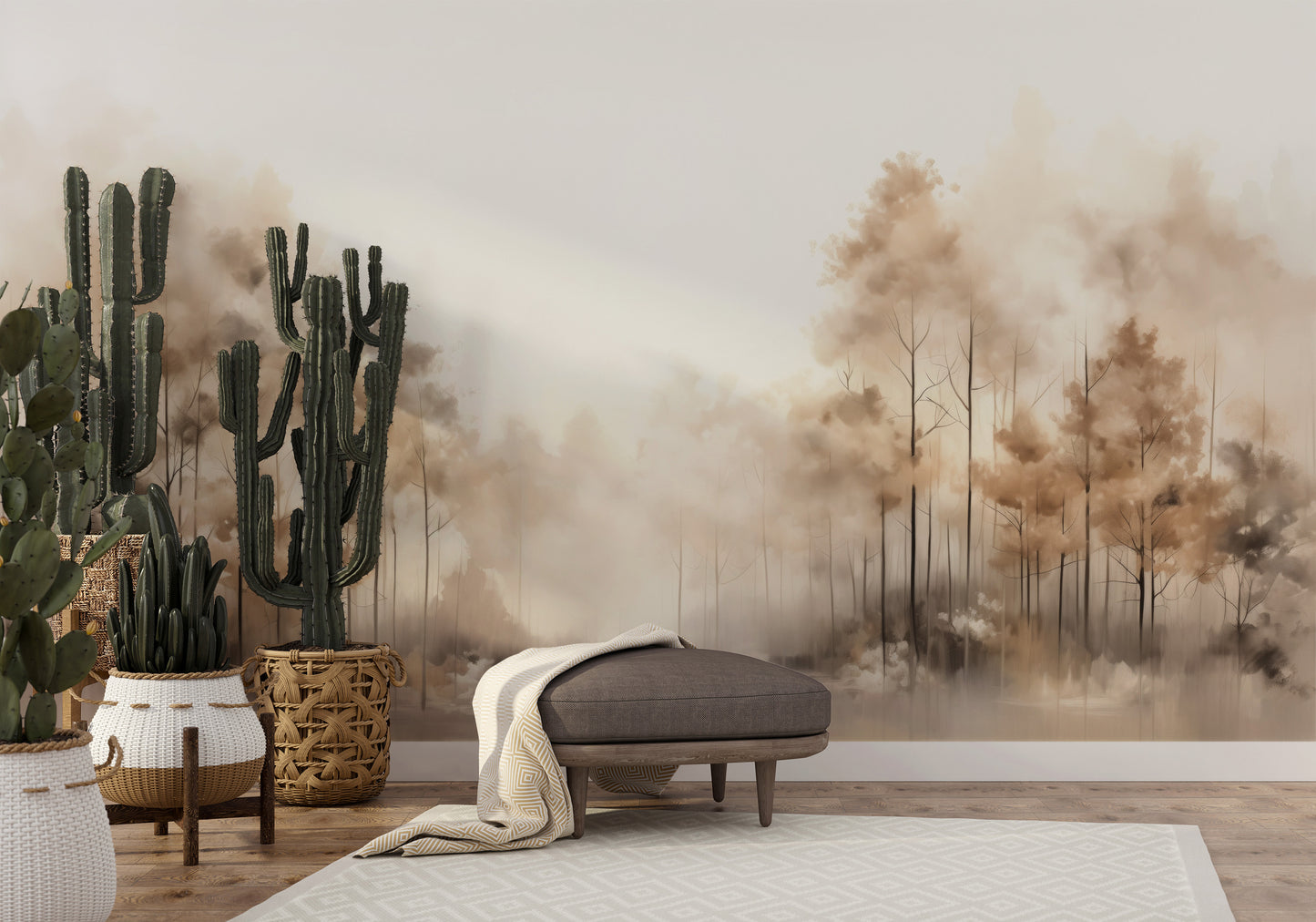 Fototapeta artystyczna o nazwie FOG-ENVELOPED FOREST PATH MURAL pokazana w aranżacji wnętrza.