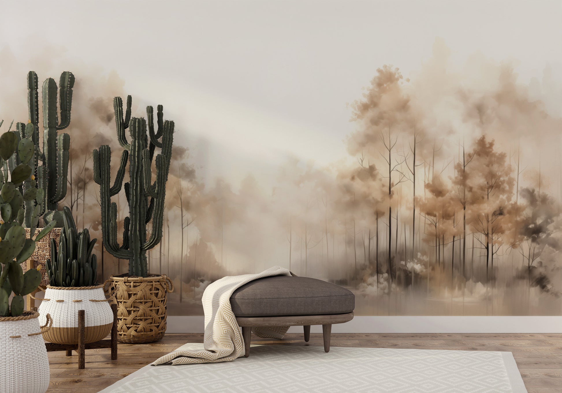 Fototapeta artystyczna o nazwie FOG-ENVELOPED FOREST PATH MURAL pokazana w aranżacji wnętrza.