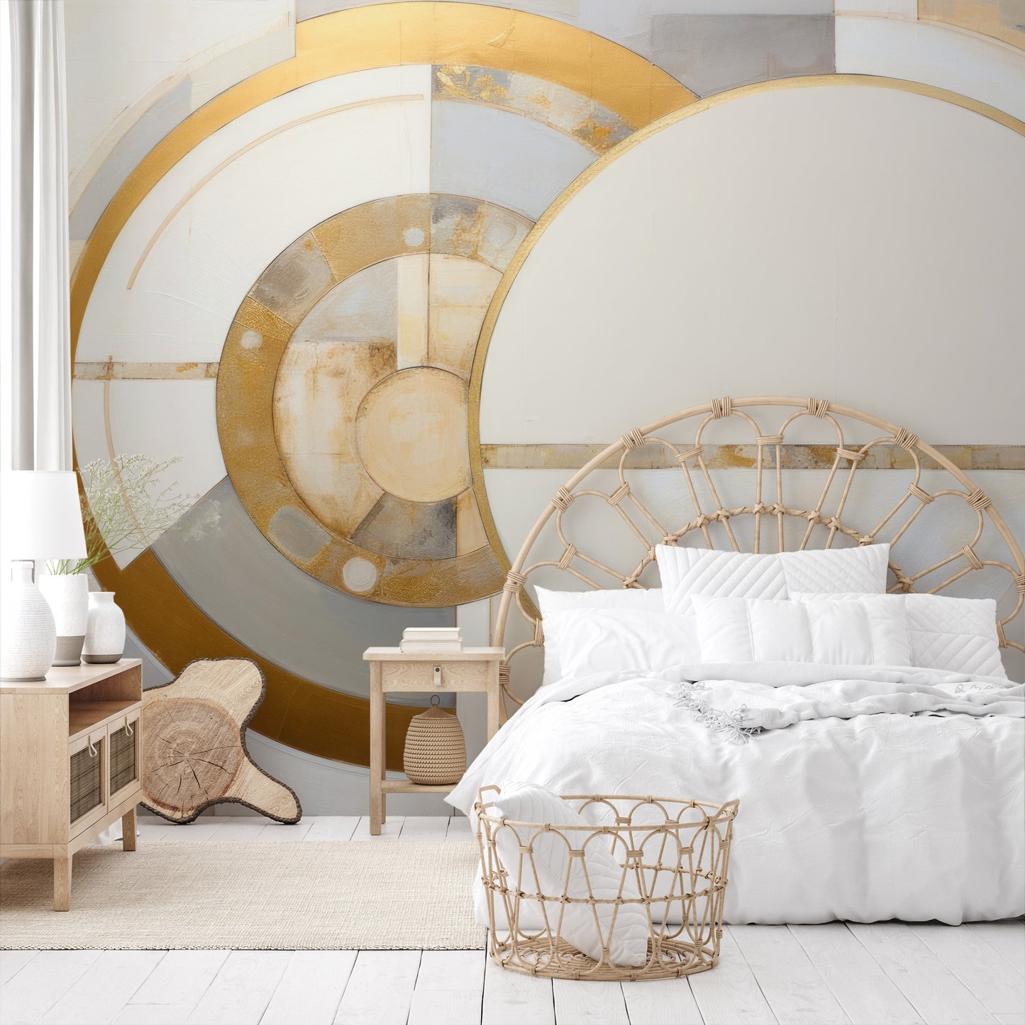 Zdjęcie prezentuje aranżację wnętrza z użyciem fototapety o nazwie SUNRISE GEOMETRY pokazanej w aranżacji wnętrza.