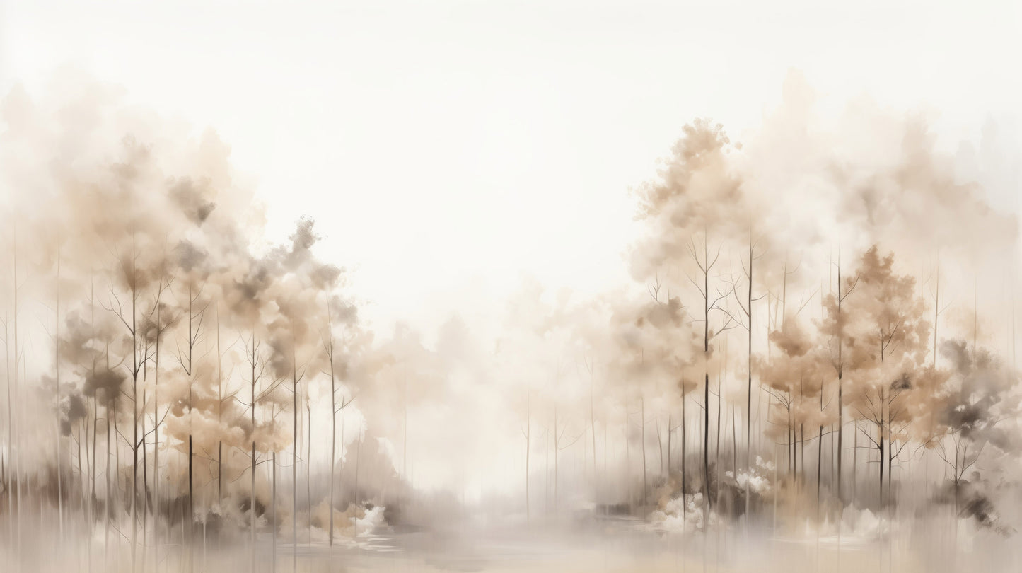 Prezentacja całego wzoru fototapety o nazwie FOG-ENVELOPED FOREST PATH MURAL