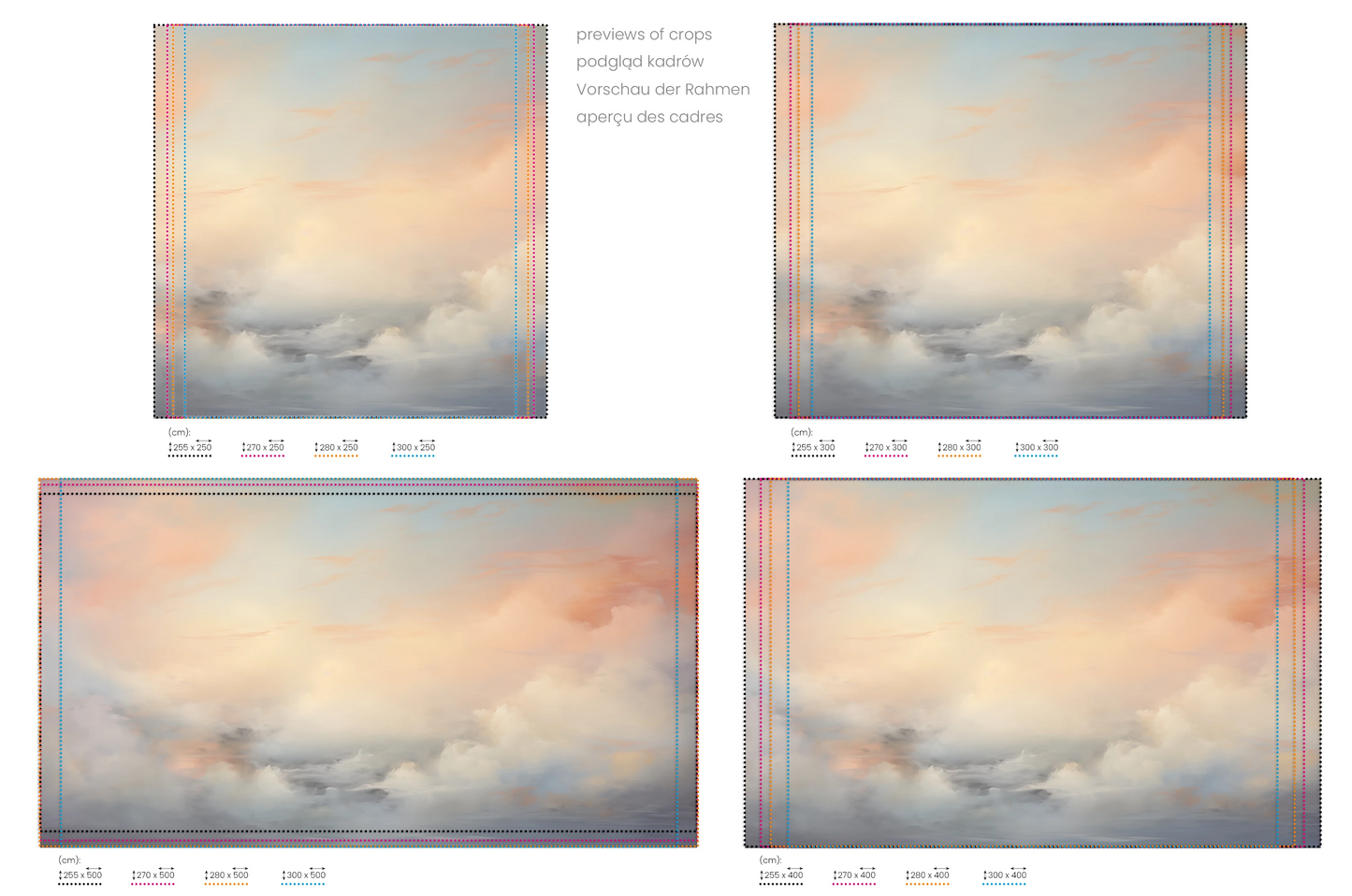Na obrazie znajduje się prezentacja przykładowych rozmiarów fototapety o nazwie Misty Morning Hues. Rozmiar fototapety jest dowolny.