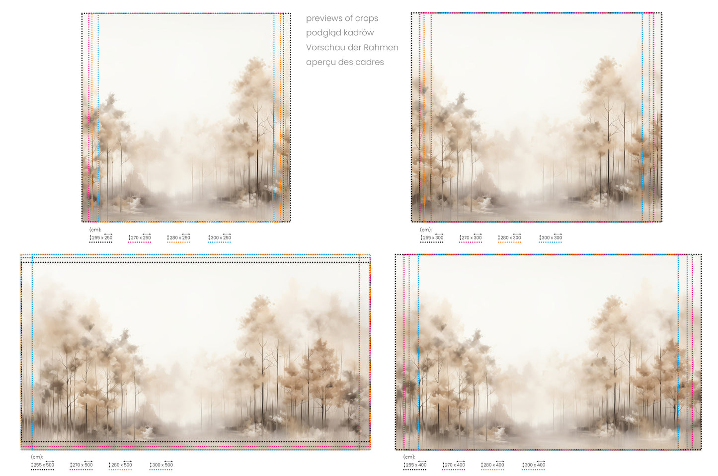 Na obrazie znajduje się prezentacja przykładowych rozmiarów fototapety o nazwie FOG-ENVELOPED FOREST PATH MURAL. Rozmiar fototapety jest dowolny.