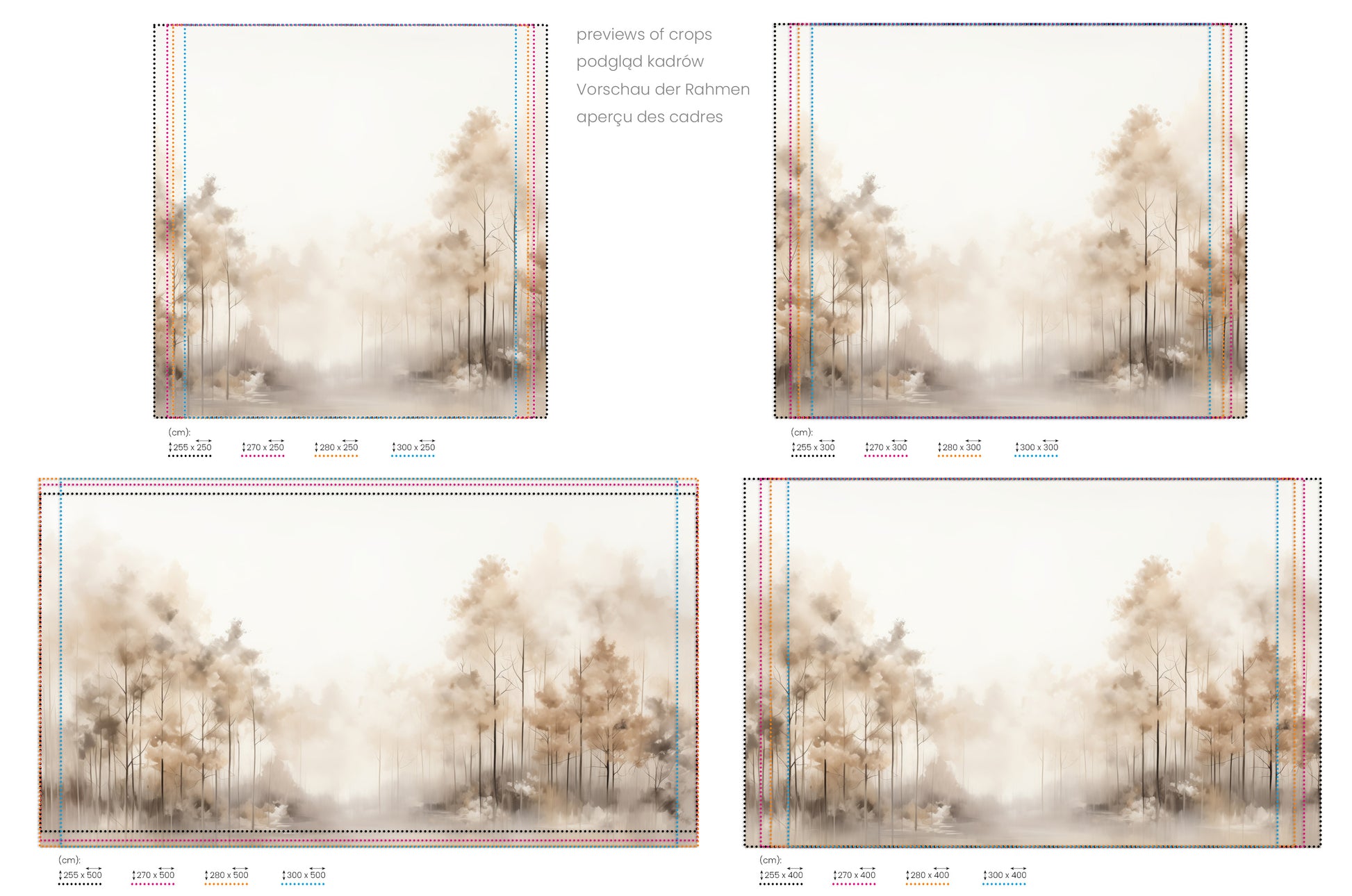 Na obrazie znajduje się prezentacja przykładowych rozmiarów fototapety o nazwie FOG-ENVELOPED FOREST PATH MURAL. Rozmiar fototapety jest dowolny.
