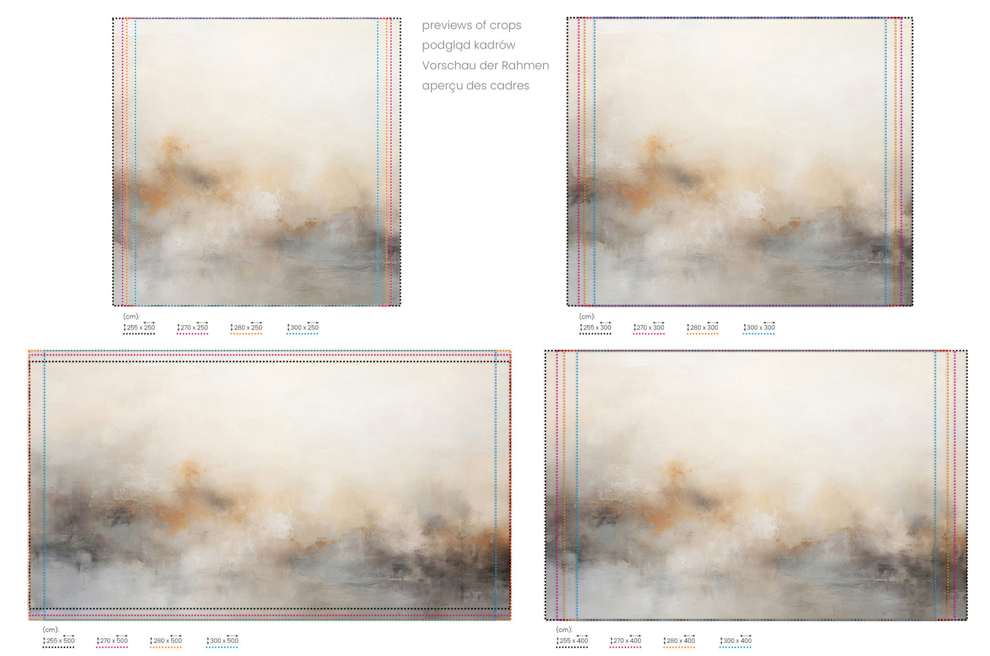 Na obrazie znajduje się prezentacja przykładowych rozmiarów fototapety o nazwie GENTLE FROST MIST. Rozmiar fototapety jest dowolny.