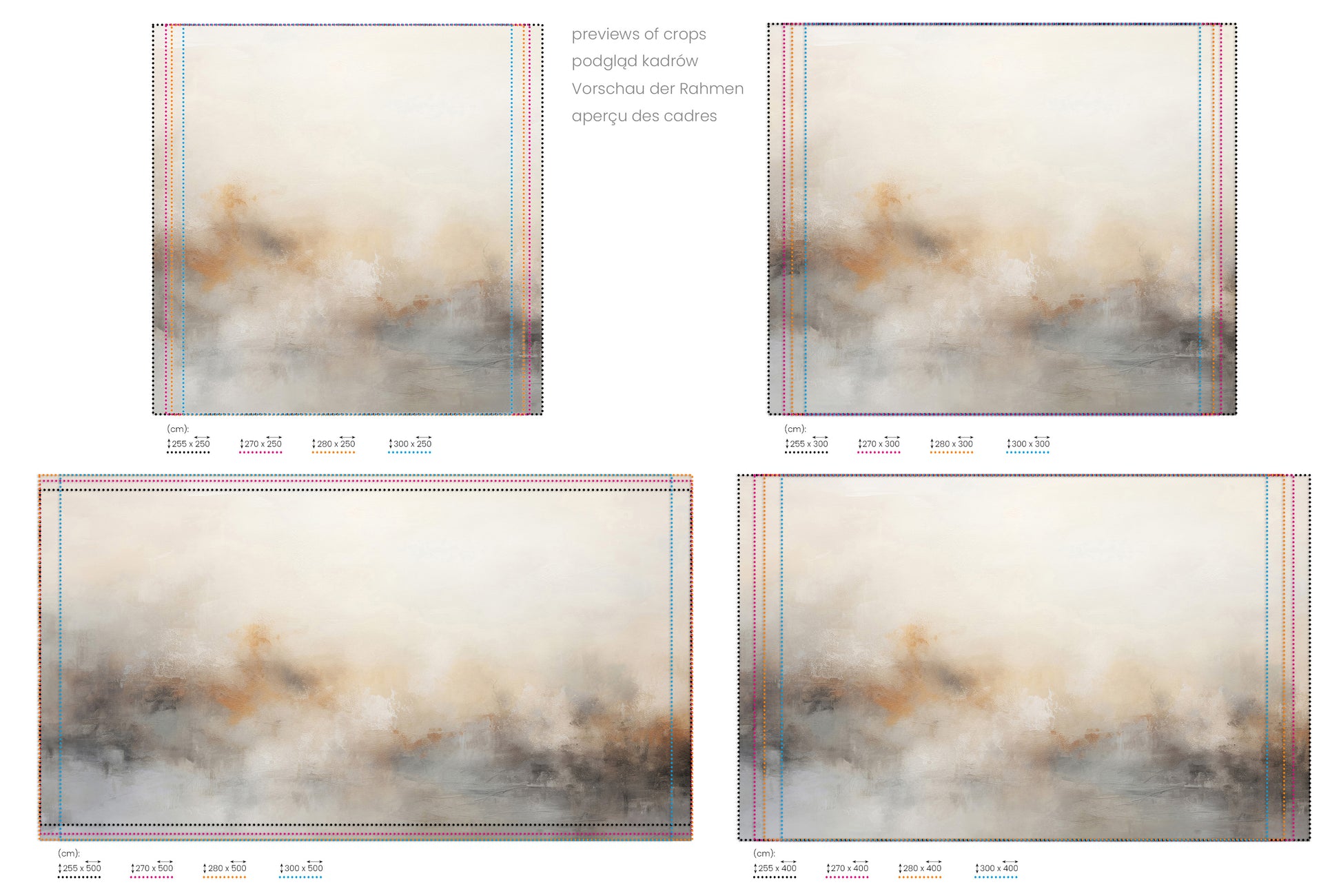 Na obrazie znajduje się prezentacja przykładowych rozmiarów fototapety o nazwie GENTLE FROST MIST. Rozmiar fototapety jest dowolny.