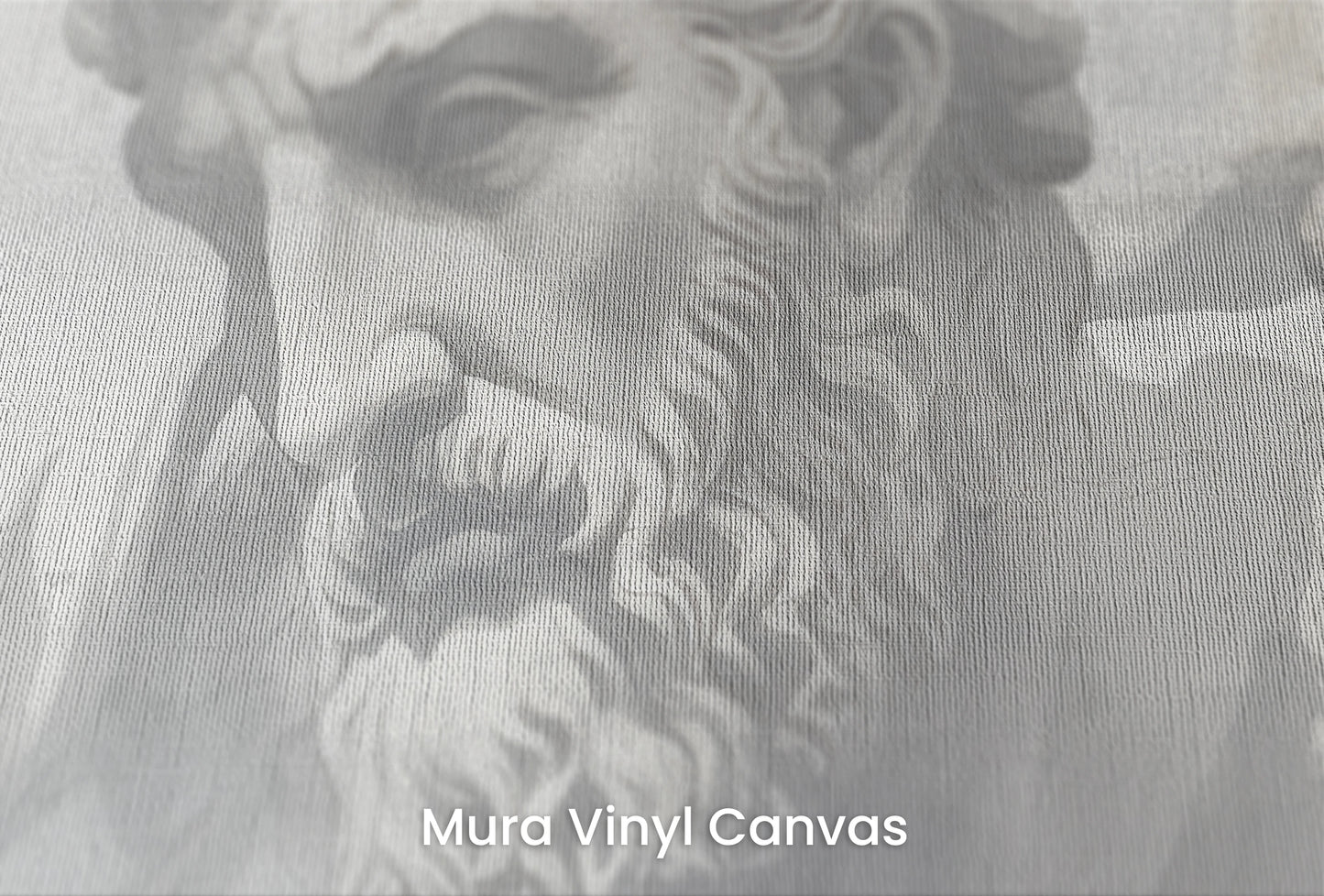 Zbliżenie na artystyczną fototapetę o nazwie Stoic Trio na podłożu Mura Vinyl Canvas - faktura naturalnego płótna.