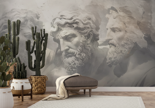 Wzór fototapety artystycznej o nazwie Stoic Trio pokazanej w aranżacji wnętrza.