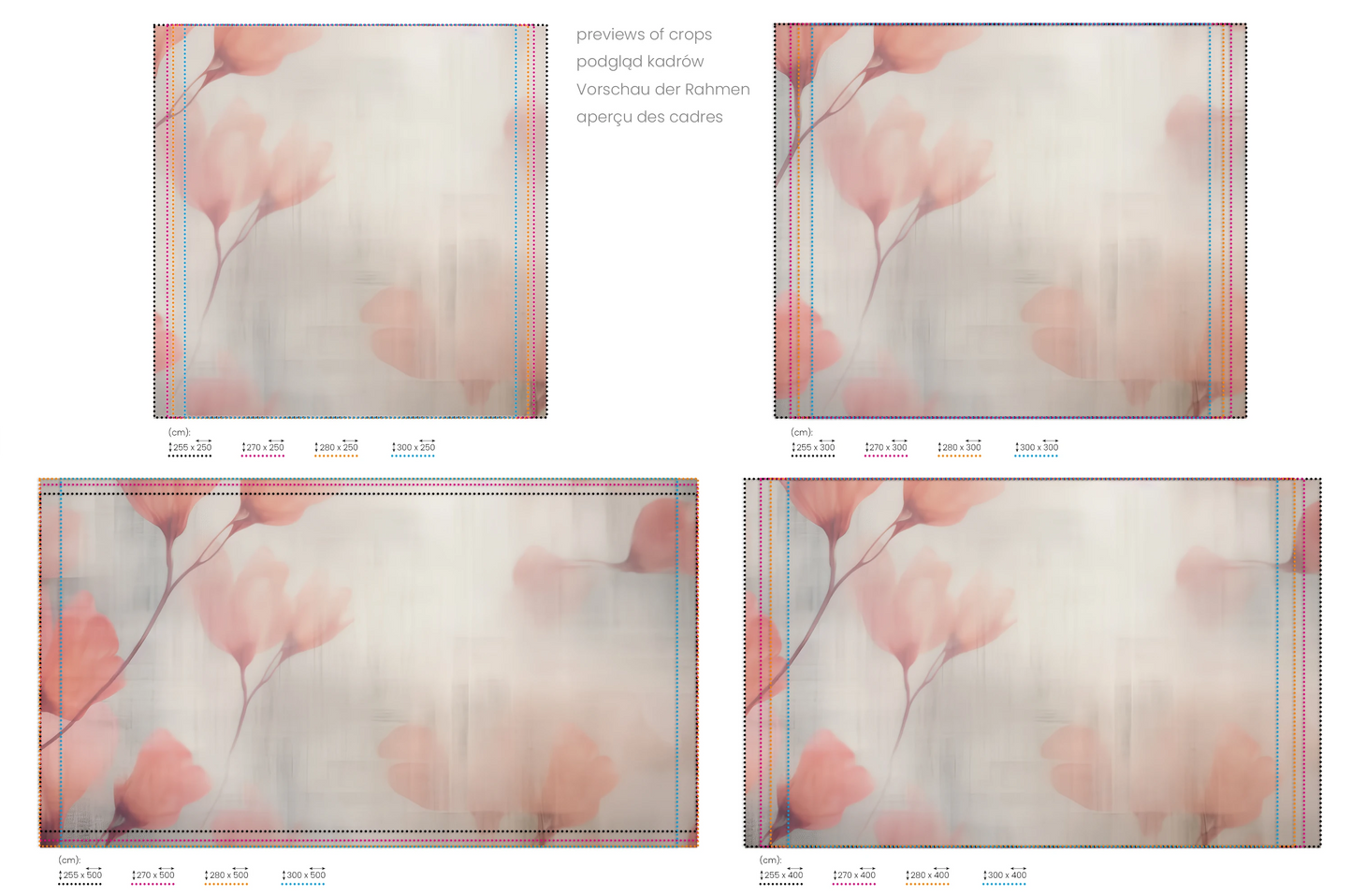 Na obrazie znajduje się prezentacja przykładowych rozmiarów fototapety o nazwie Floral Whisper. Rozmiar fototapety jest dowolny.