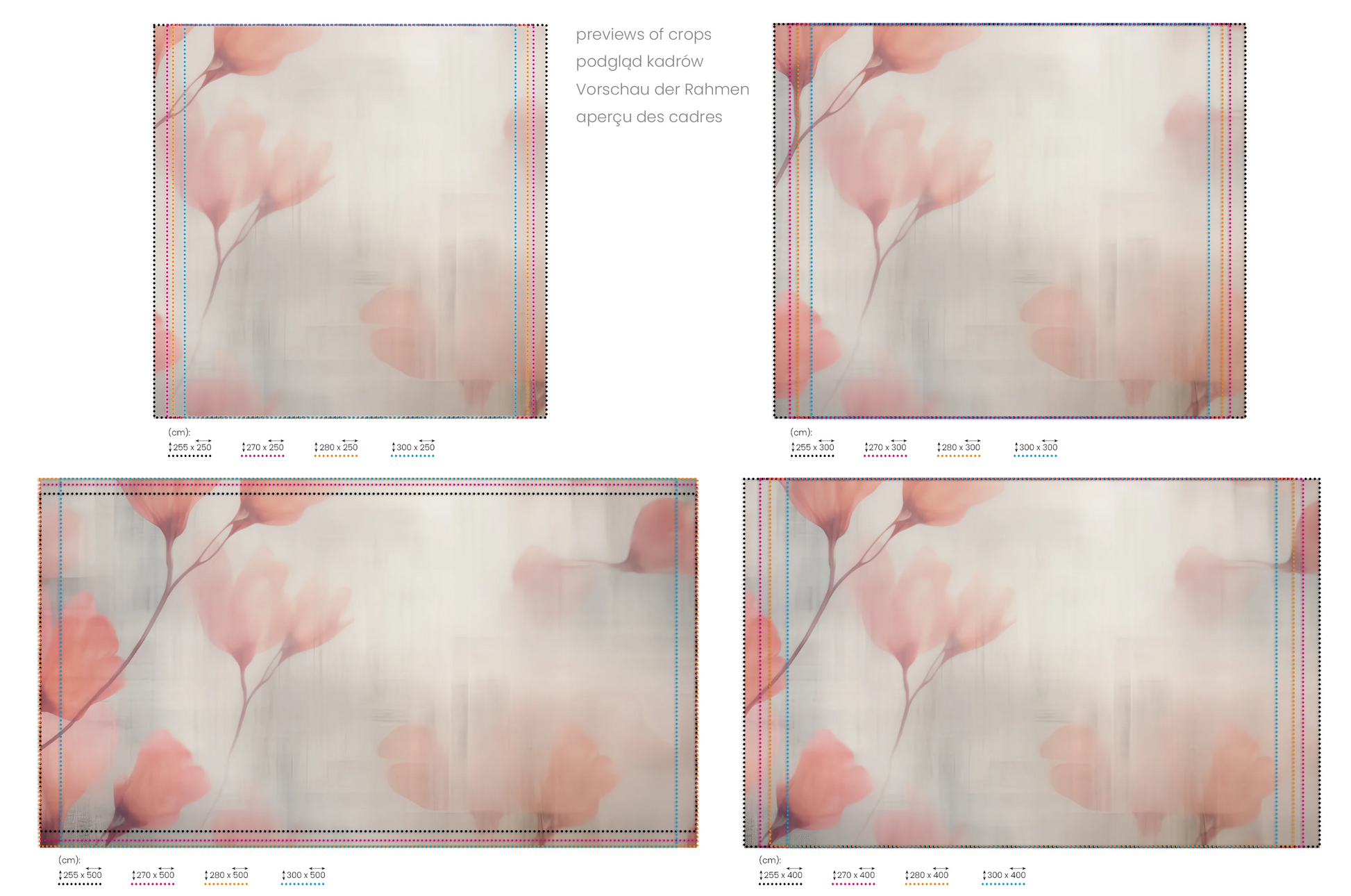 Na obrazie znajduje się prezentacja przykładowych rozmiarów fototapety o nazwie Floral Whisper. Rozmiar fototapety jest dowolny.