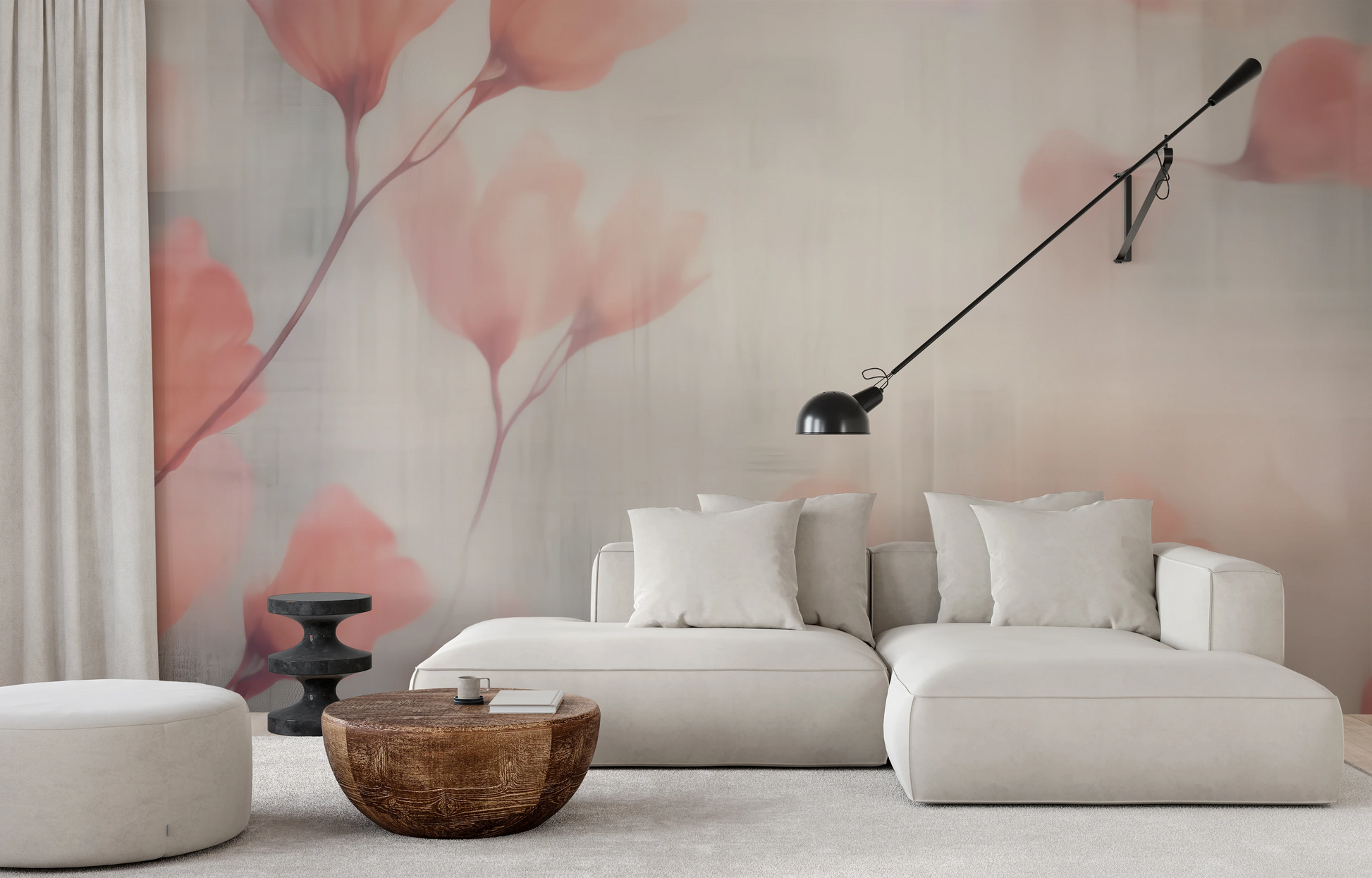 Fototapeta artystyczna o nazwie Floral Whisper pokazana w aranżacji wnętrza.
