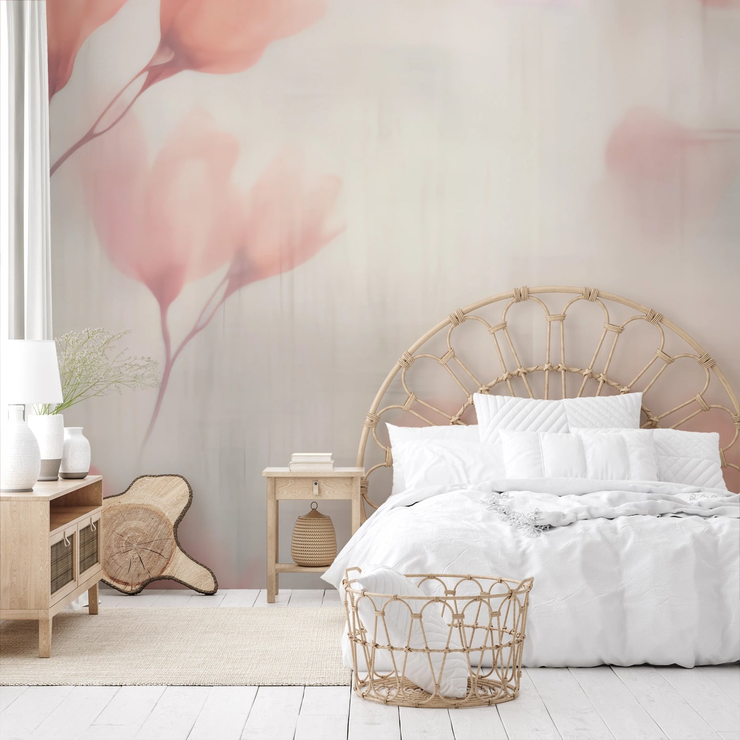 Wzór fototapety malowanej o nazwie Floral Whisper pokazanej w aranżacji wnętrza.