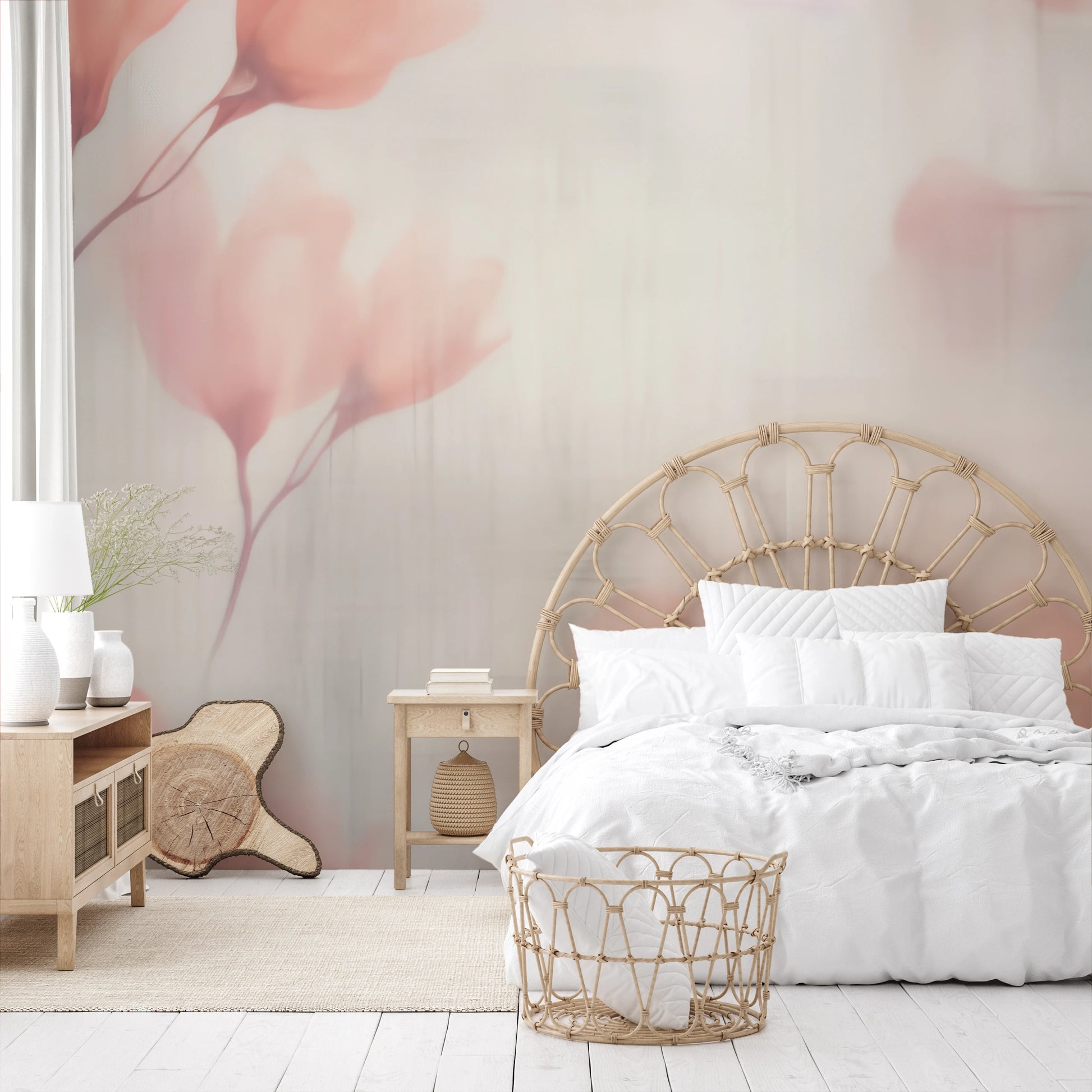 Wzór fototapety malowanej o nazwie Floral Whisper pokazanej w aranżacji wnętrza.
