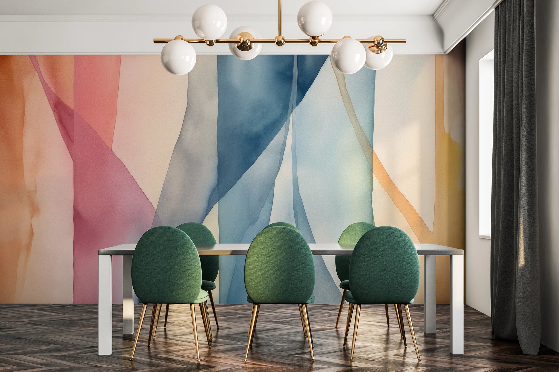 Wzór fototapety artystycznej o nazwie Pastel Dreamscape pokazanej w aranżacji wnętrza.
