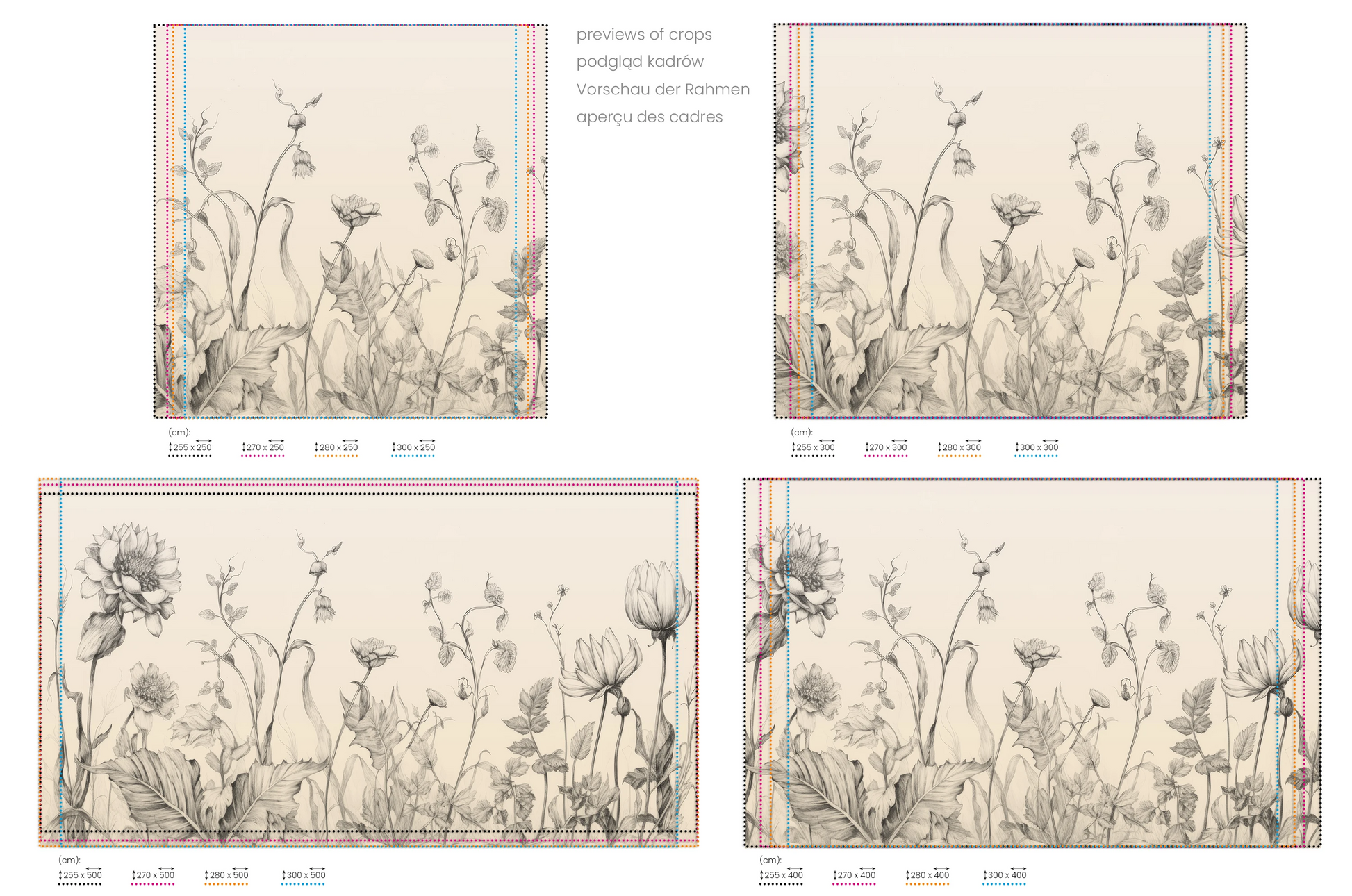 Na obrazie znajduje się prezentacja przykładowych rozmiarów fototapety o nazwie Floral Harmony #2. Rozmiar fototapety jest dowolny.