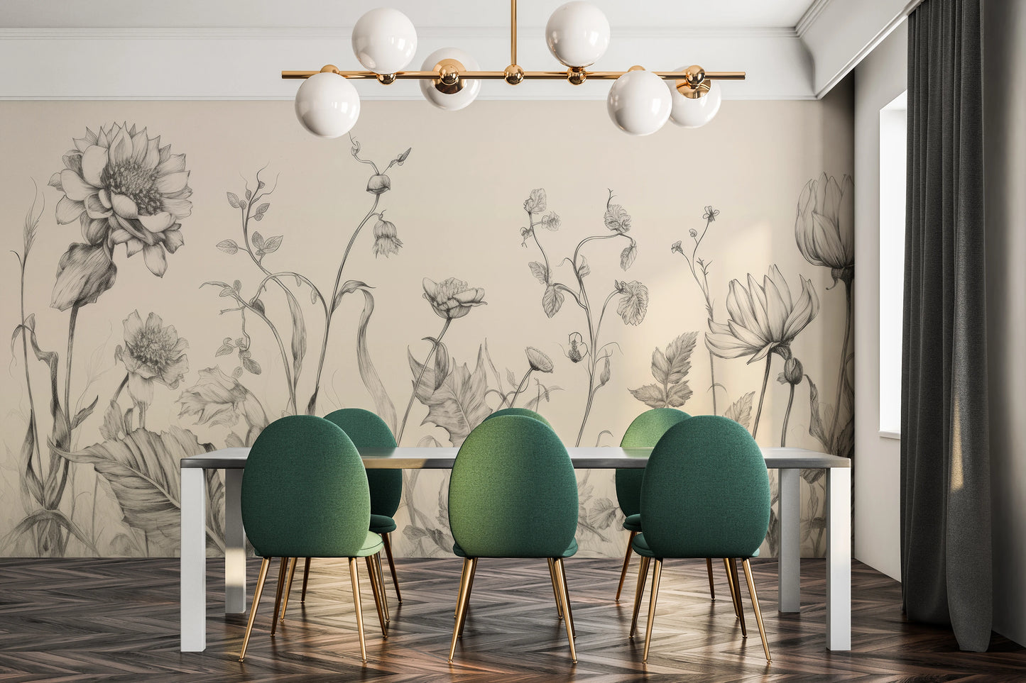 Zdjęcie prezentuje aranżację wnętrza z użyciem fototapety o nazwie Floral Harmony #2 pokazanej w aranżacji wnętrza.