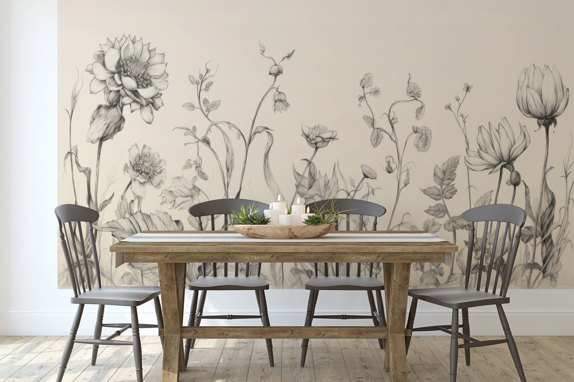 Wzór fototapety malowanej o nazwie Floral Harmony #2 pokazanej w aranżacji wnętrza.