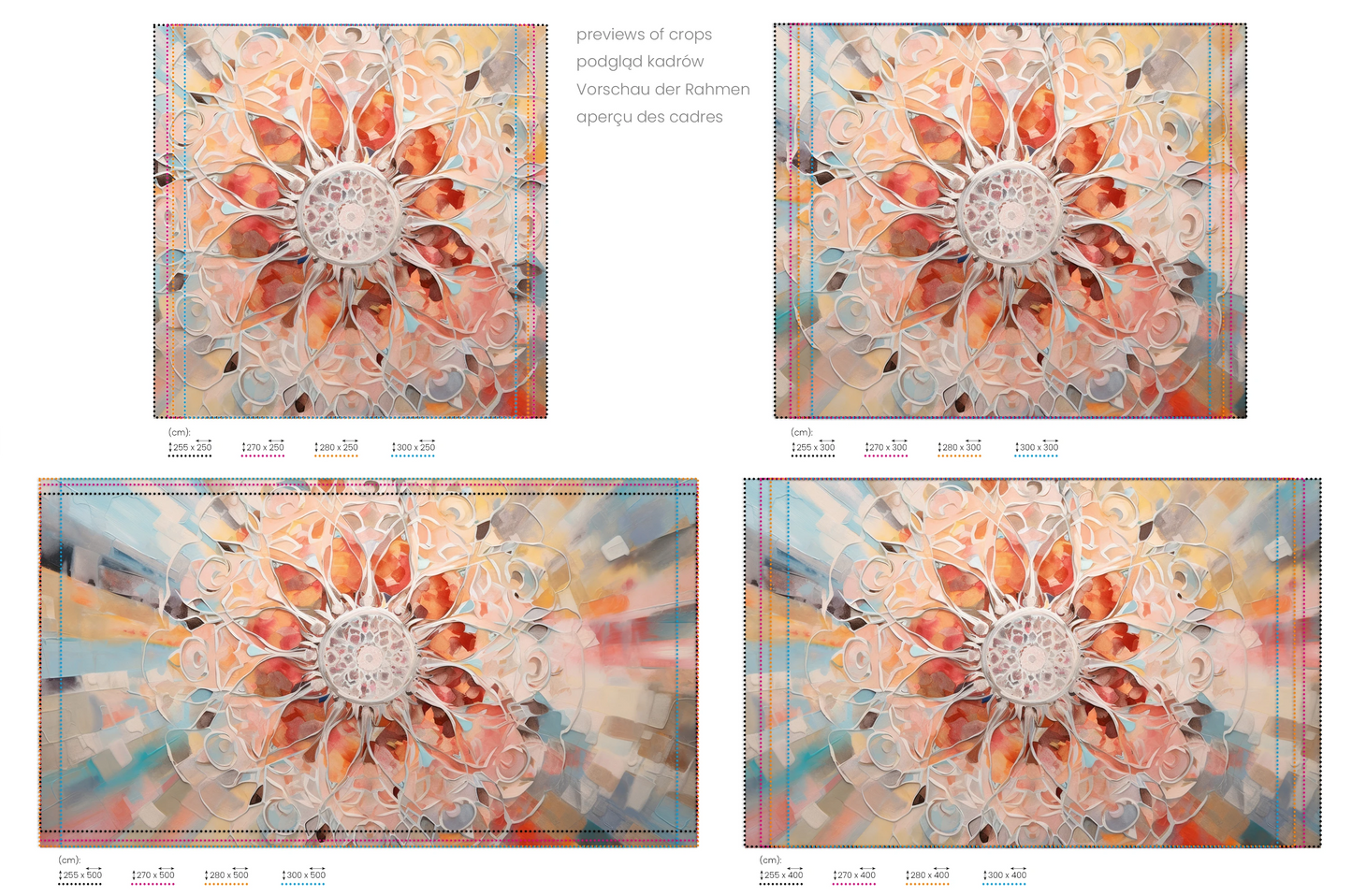 Na obrazie znajduje się prezentacja przykładowych rozmiarów fototapety o nazwie Crystal Mandala. Rozmiar fototapety jest dowolny.