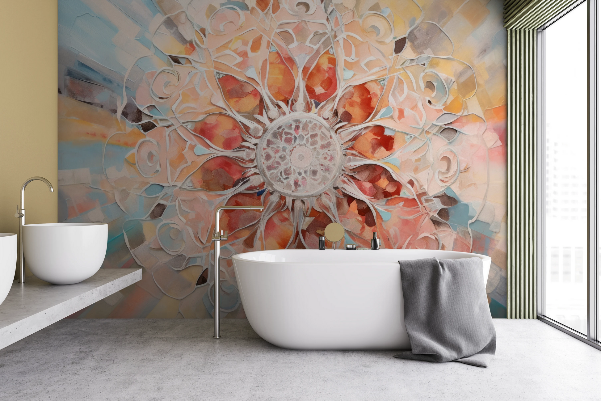 Wzór fototapety artystycznej o nazwie Crystal Mandala pokazanej w aranżacji wnętrza.