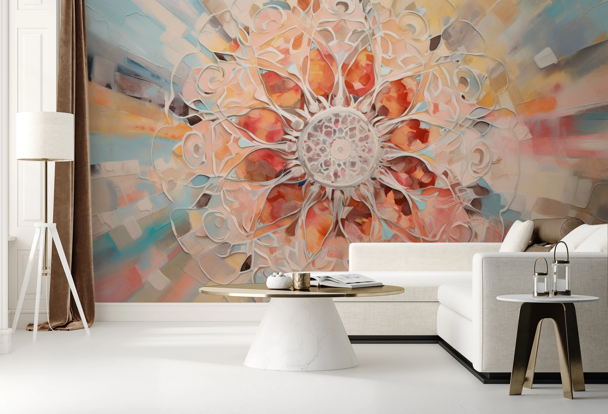 Wzór fototapety o nazwie Crystal Mandala pokazanej w kontekście pomieszczenia.