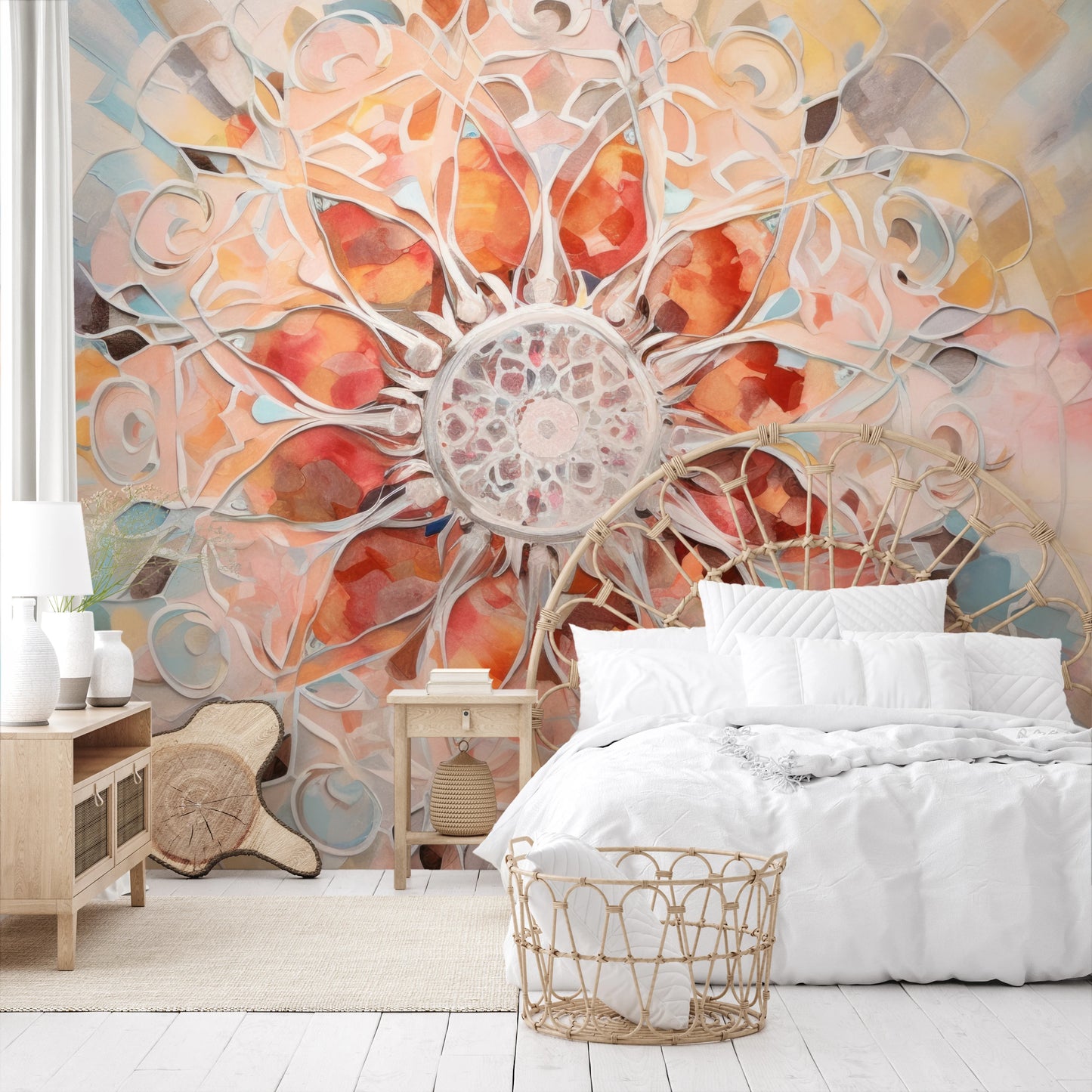 Wzór fototapety artystycznej o nazwie Crystal Mandala pokazanej w aranżacji wnętrza.