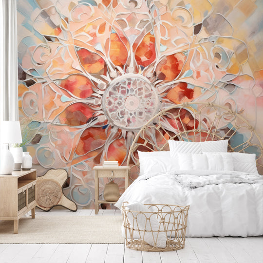 Wzór fototapety artystycznej o nazwie Crystal Mandala pokazanej w aranżacji wnętrza.