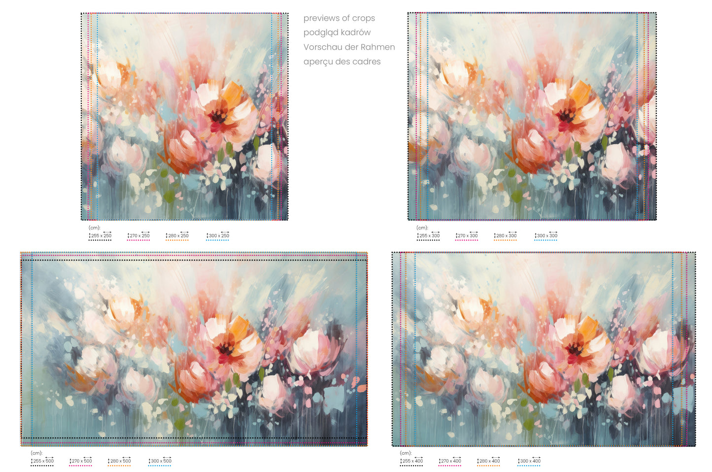 Na obrazie znajduje się prezentacja przykładowych rozmiarów fototapety o nazwie Soft Petal Whispers. Rozmiar fototapety jest dowolny.