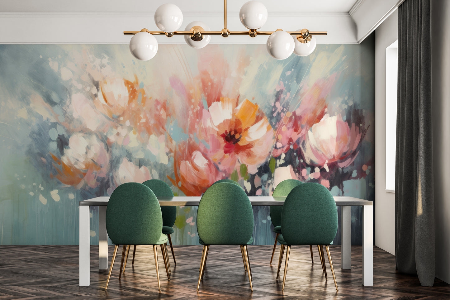 Zdjęcie prezentuje aranżację wnętrza z użyciem fototapety o nazwie Soft Petal Whispers pokazanej w aranżacji wnętrza.