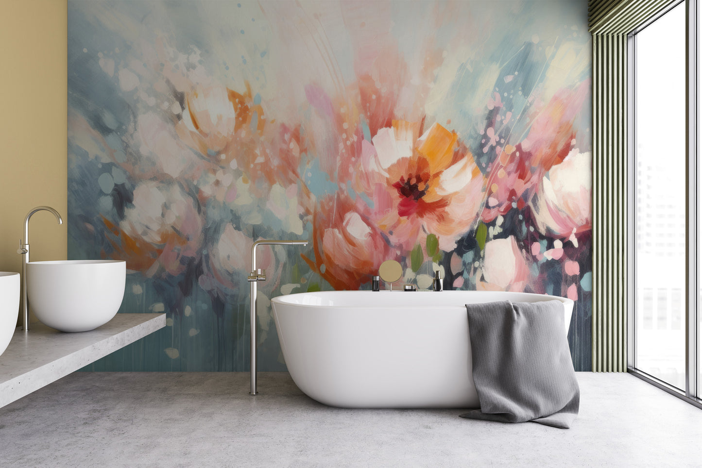 Wzór fototapety malowanej o nazwie Soft Petal Whispers pokazanej w aranżacji wnętrza.