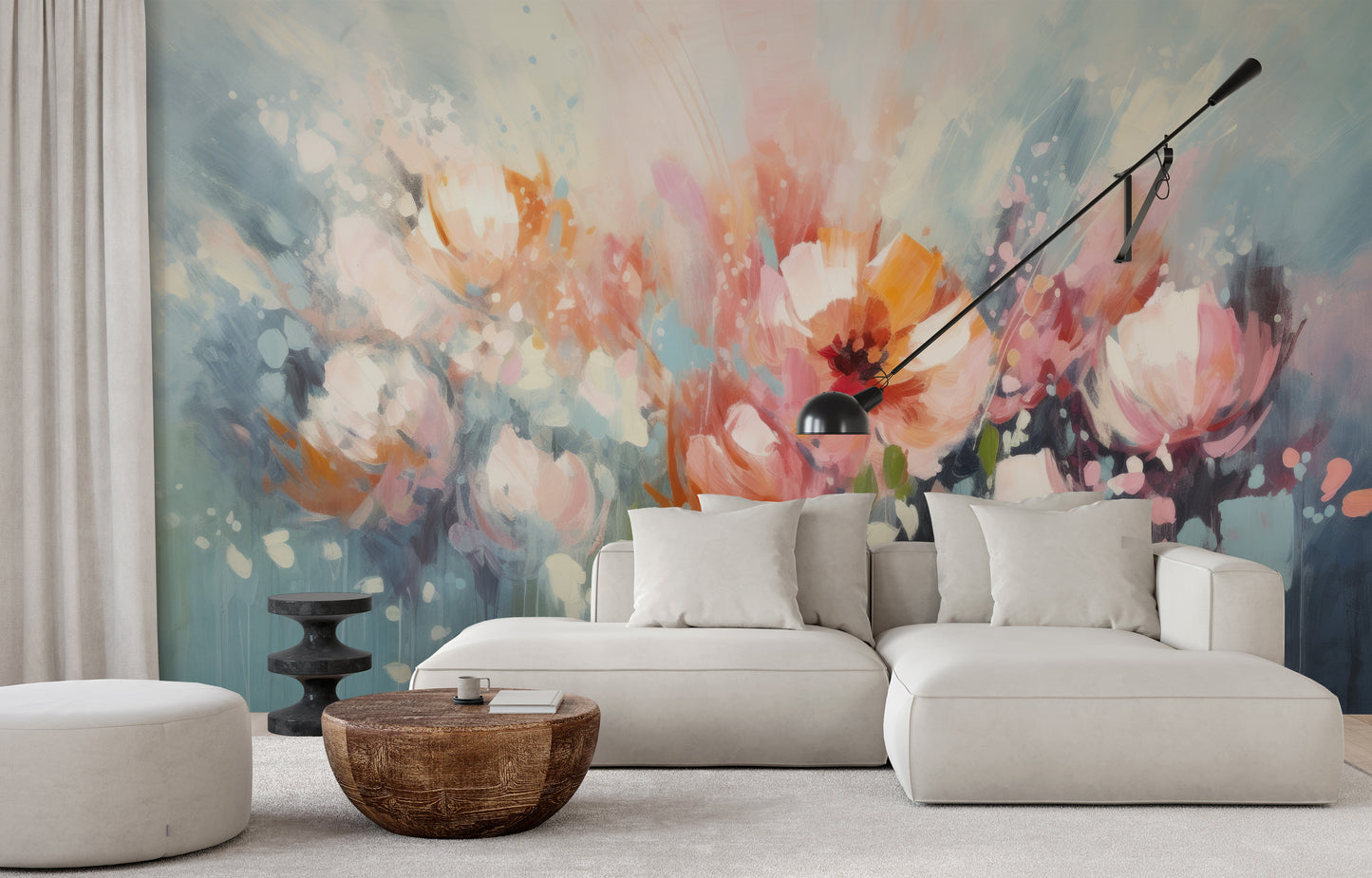 Wzór fototapety o nazwie Soft Petal Whispers pokazanej w kontekście pomieszczenia.