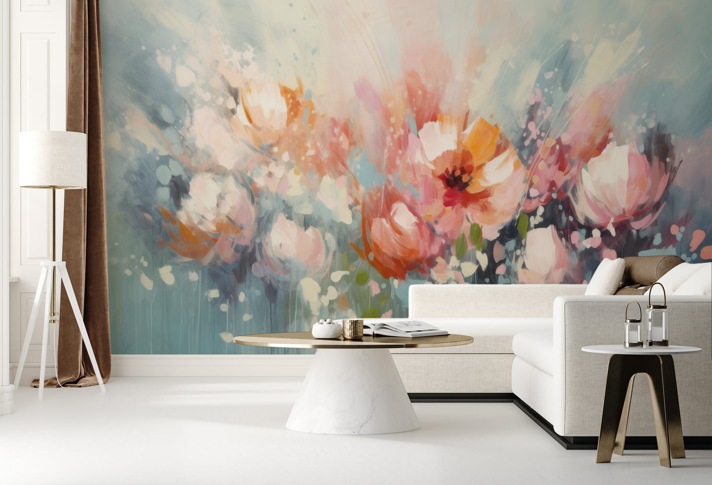 Fototapeta malowana o nazwie Soft Petal Whispers pokazana w aranżacji wnętrza.