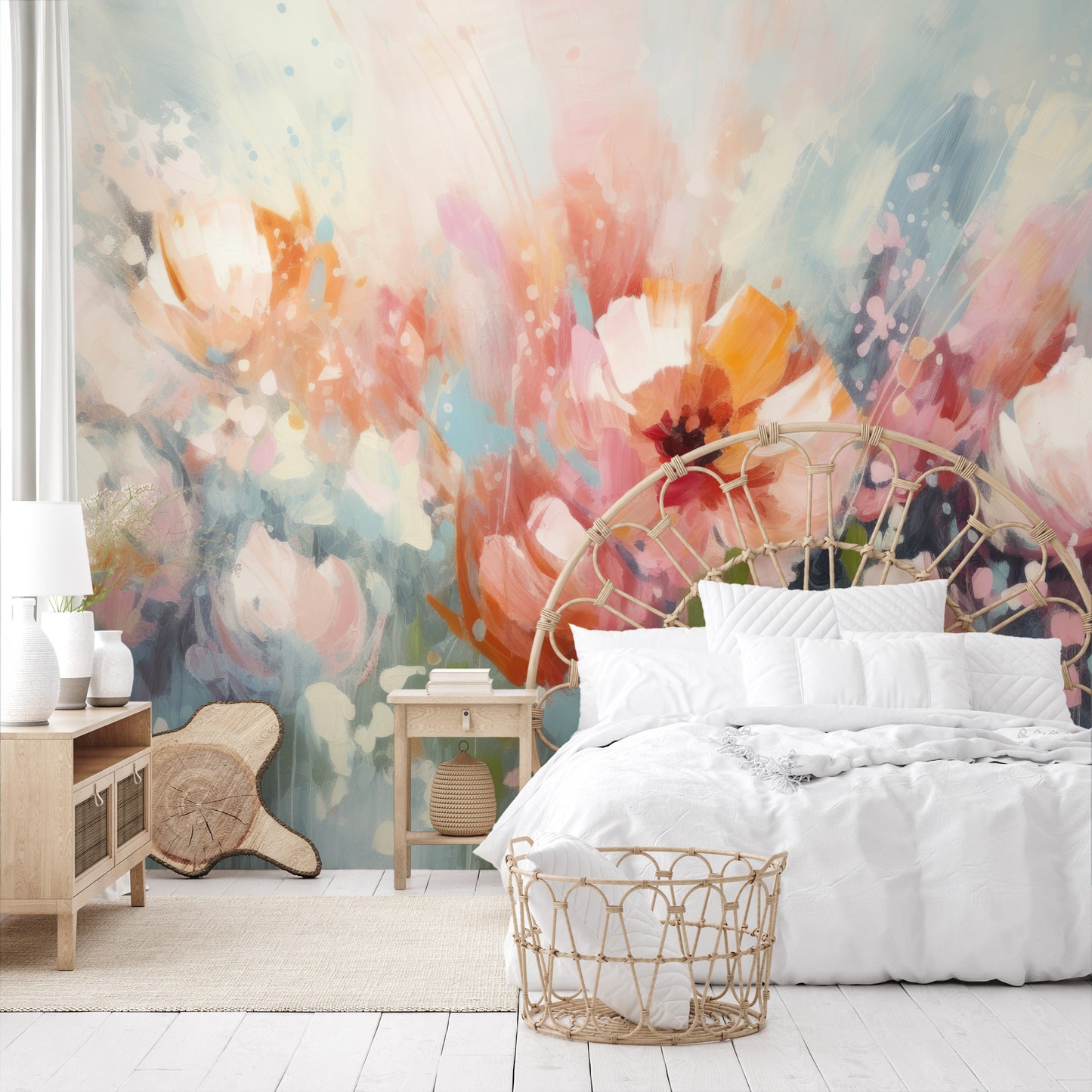 Wzór fototapety artystycznej o nazwie Soft Petal Whispers pokazanej w aranżacji wnętrza.