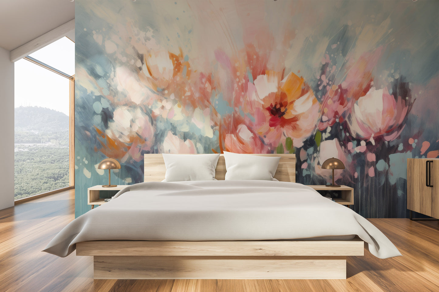 Fototapeta artystyczna o nazwie Soft Petal Whispers pokazana w aranżacji wnętrza.