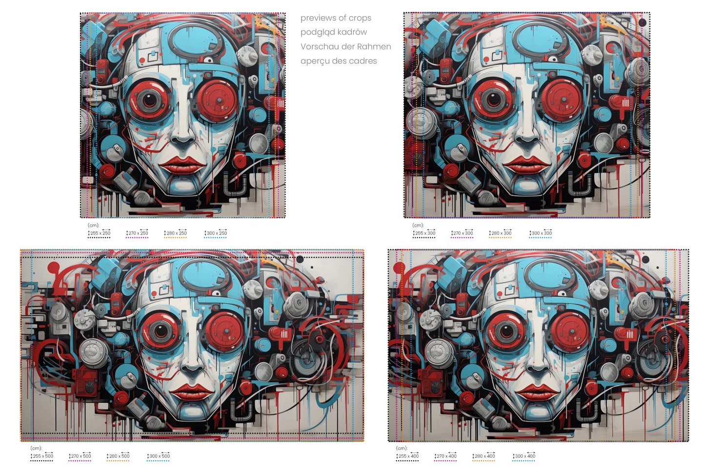 Na obrazie znajduje się prezentacja przykładowych rozmiarów fototapety o nazwie Cybernetic Vision. Rozmiar fototapety jest dowolny.