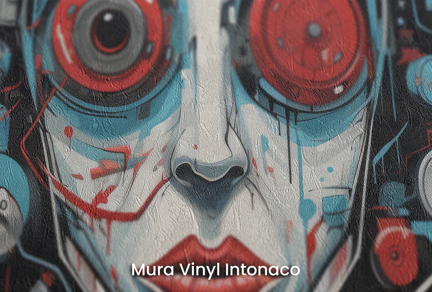 Zbliżenie na artystyczną fototapetę o nazwie Cybernetic Vision na podłożu Mura Vinyl Intonaco - struktura tartego tynku.