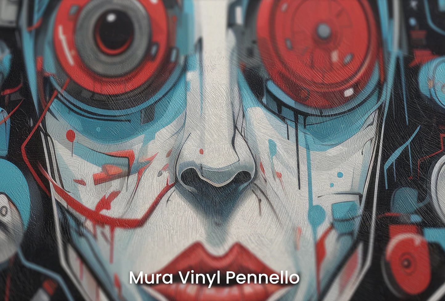 Zbliżenie na artystyczną fototapetę o nazwie Cybernetic Vision na podłożu Mura Vinyl Pennello - faktura pociągnięć pędzla malarskiego.