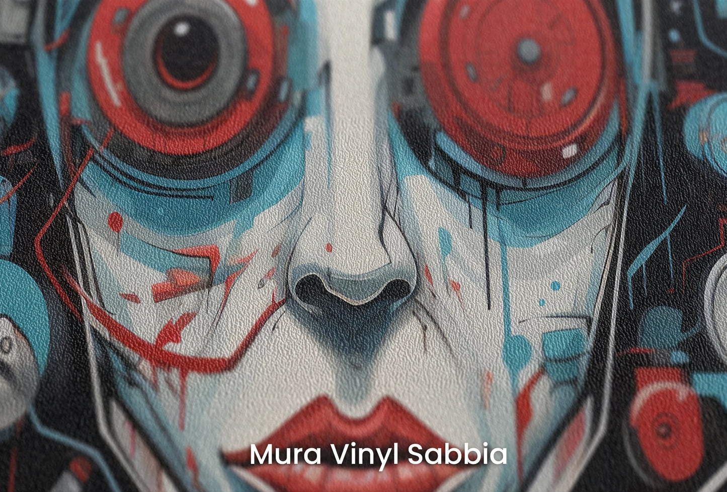 Zbliżenie na artystyczną fototapetę o nazwie Cybernetic Vision na podłożu Mura Vinyl Sabbia struktura grubego ziarna piasku.