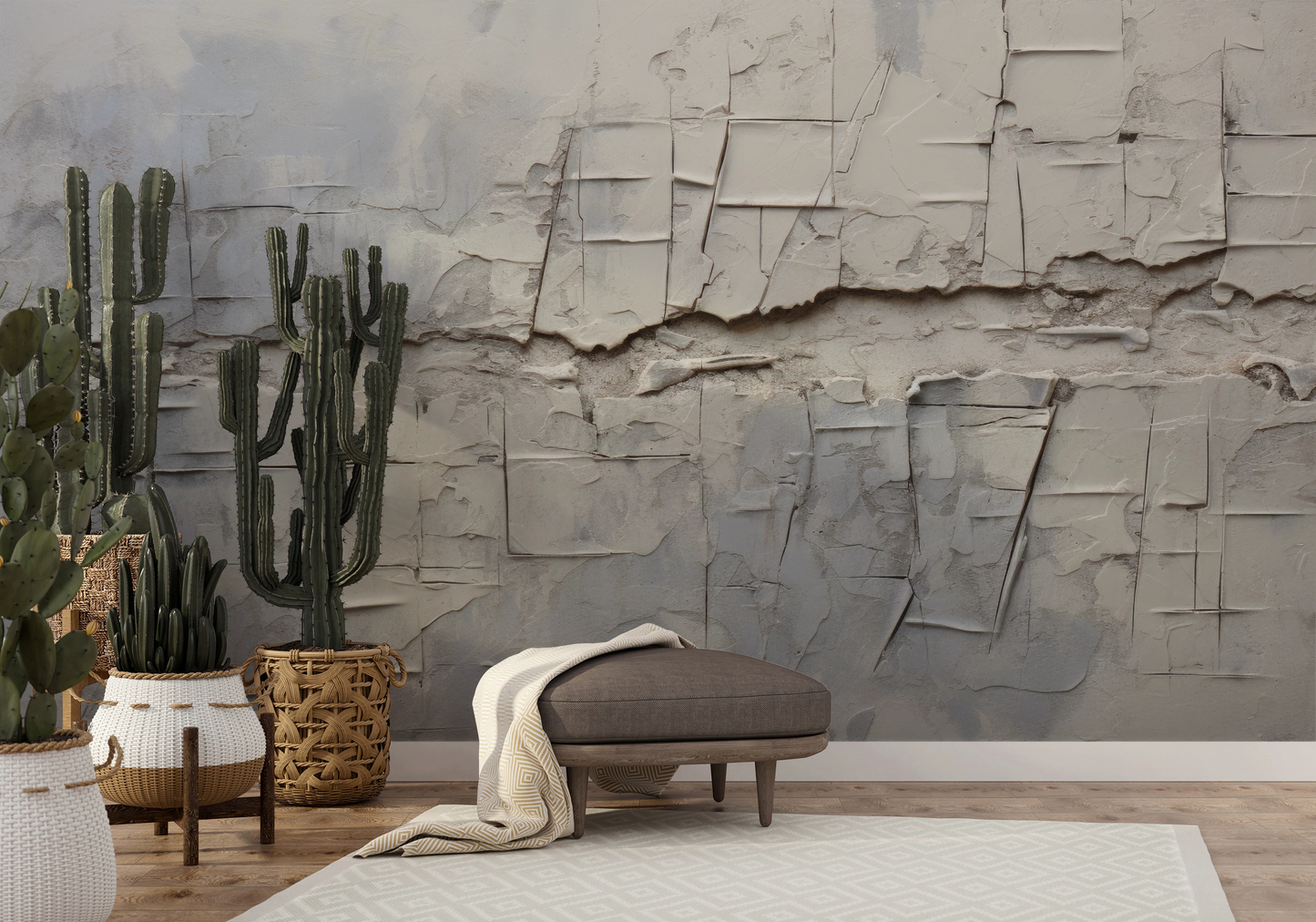 Zdjęcie prezentuje aranżację wnętrza z użyciem fototapety o nazwie Cracked Canvas pokazanej w aranżacji wnętrza.