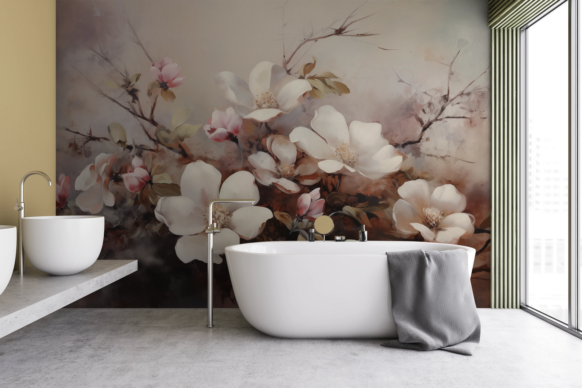 Wzór fototapety o nazwie Serene Magnolia Haze pokazanej w kontekście pomieszczenia.