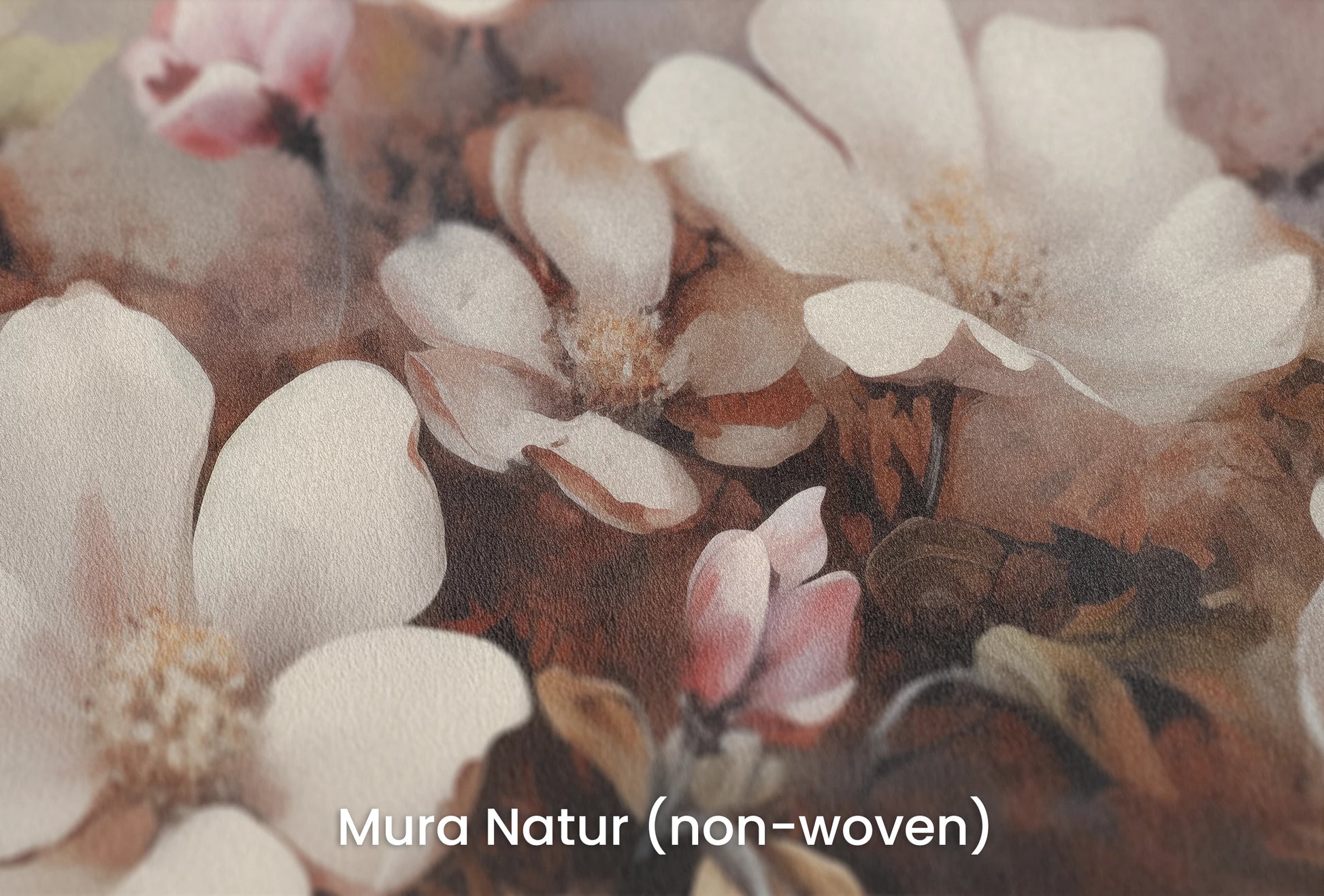 Zbliżenie na artystyczną fototapetę o nazwie Serene Magnolia Haze na podłożu Mura Natur (non-woven) - naturalne i ekologiczne podłoże.