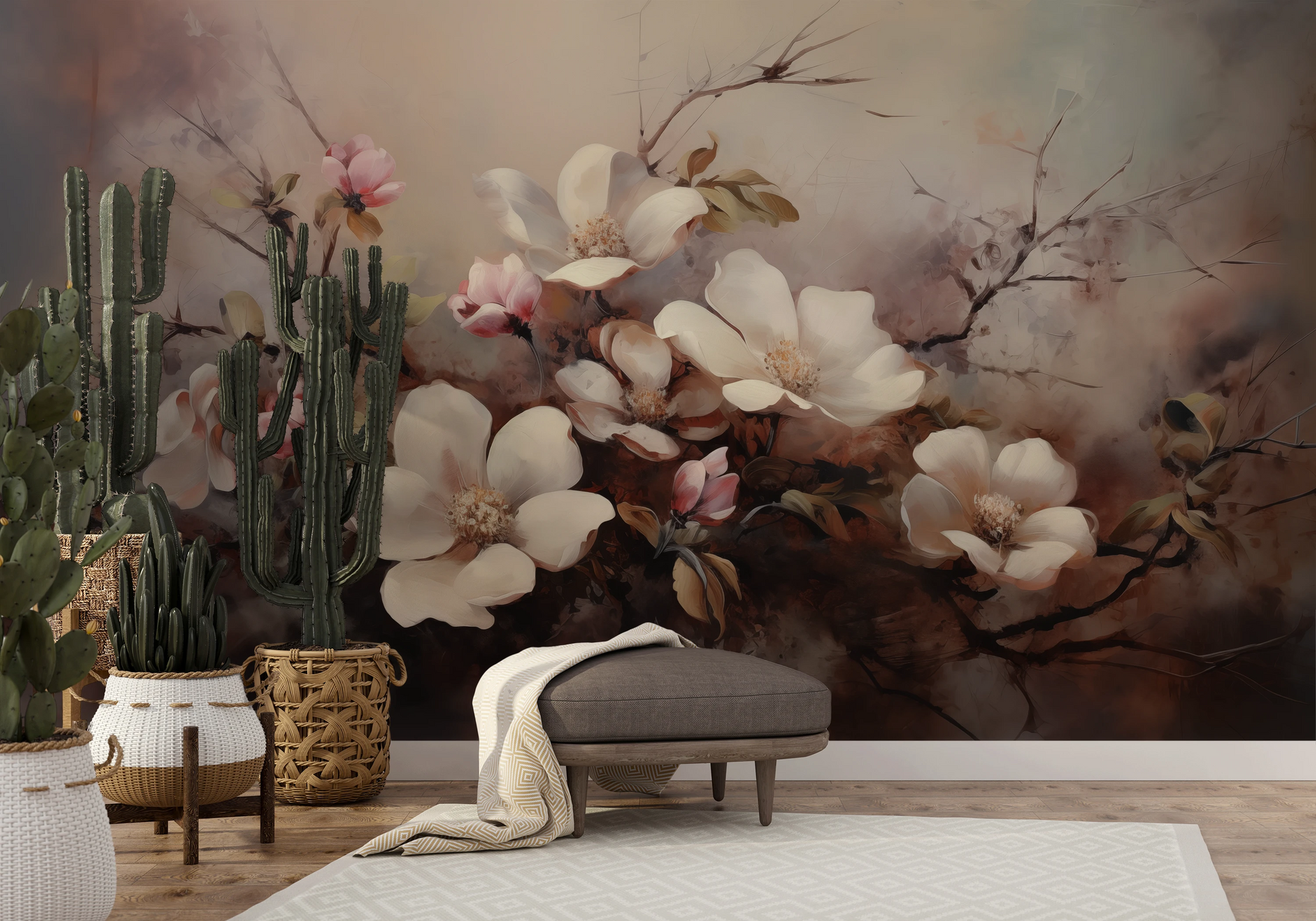 Wzór fototapety artystycznej o nazwie Serene Magnolia Haze pokazanej w aranżacji wnętrza.