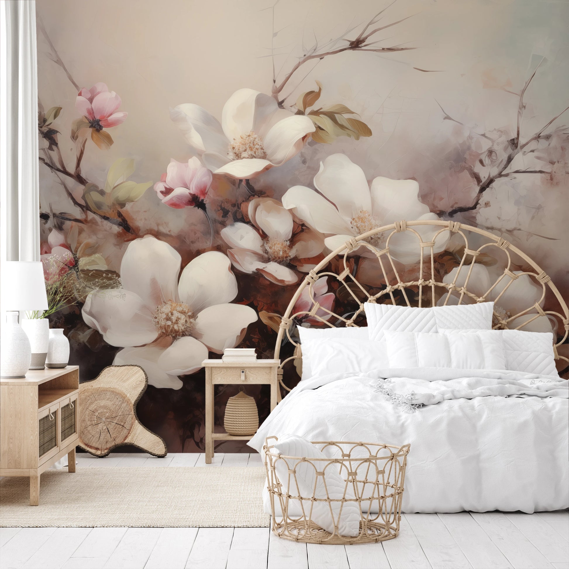 Fototapeta malowana o nazwie Serene Magnolia Haze pokazana w aranżacji wnętrza.