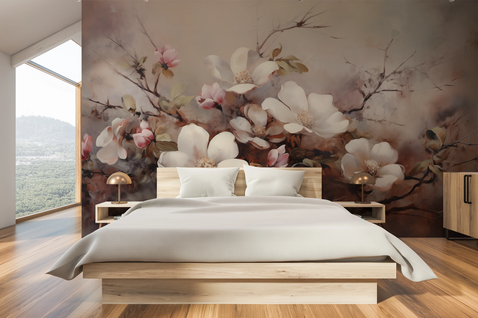 Fototapeta artystyczna o nazwie Serene Magnolia Haze pokazana w aranżacji wnętrza.