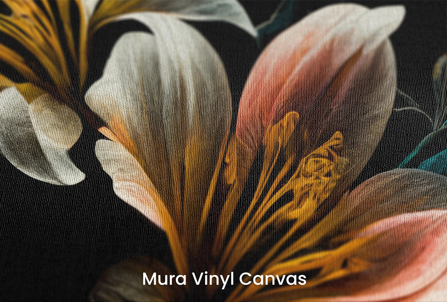Zbliżenie na artystyczną fototapetę o nazwie Luminous Bloom na podłożu Mura Vinyl Canvas - faktura naturalnego płótna.