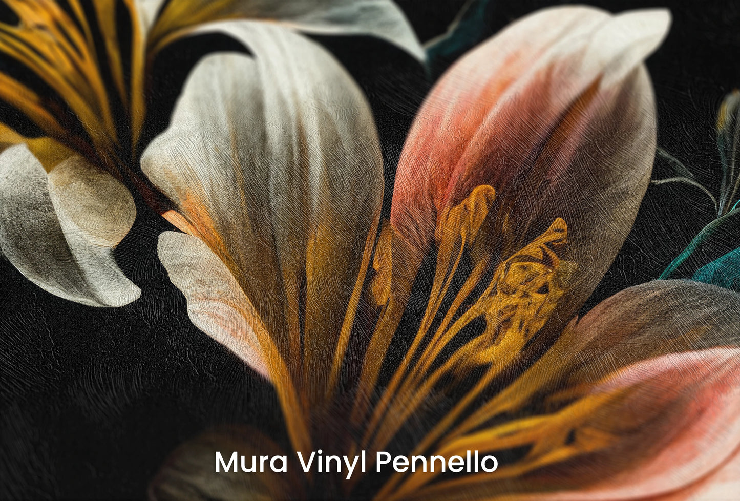 Zbliżenie na artystyczną fototapetę o nazwie Luminous Bloom na podłożu Mura Vinyl Pennello - faktura pociągnięć pędzla malarskiego.