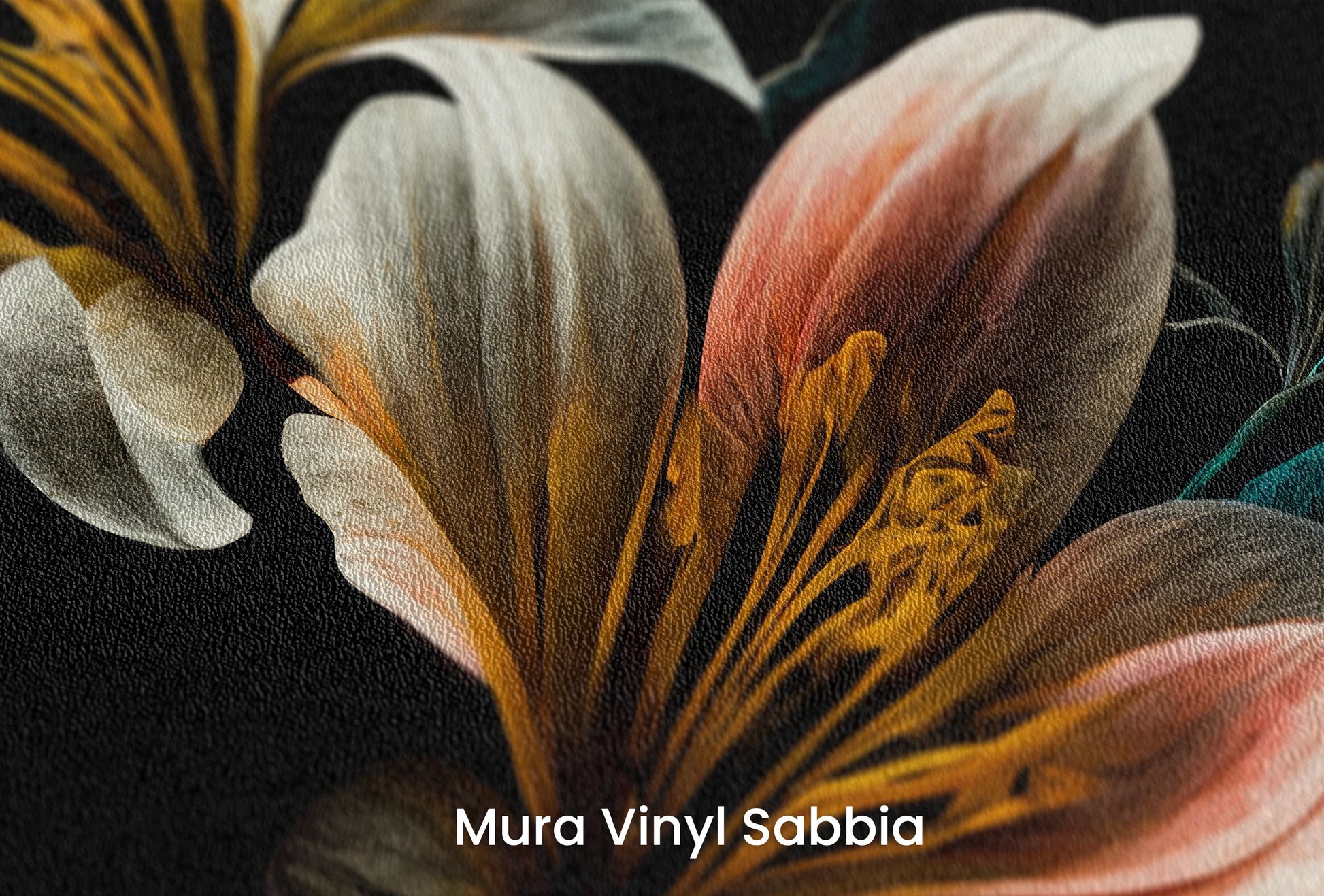 Zbliżenie na artystyczną fototapetę o nazwie Luminous Bloom na podłożu Mura Vinyl Sabbia struktura grubego ziarna piasku.
