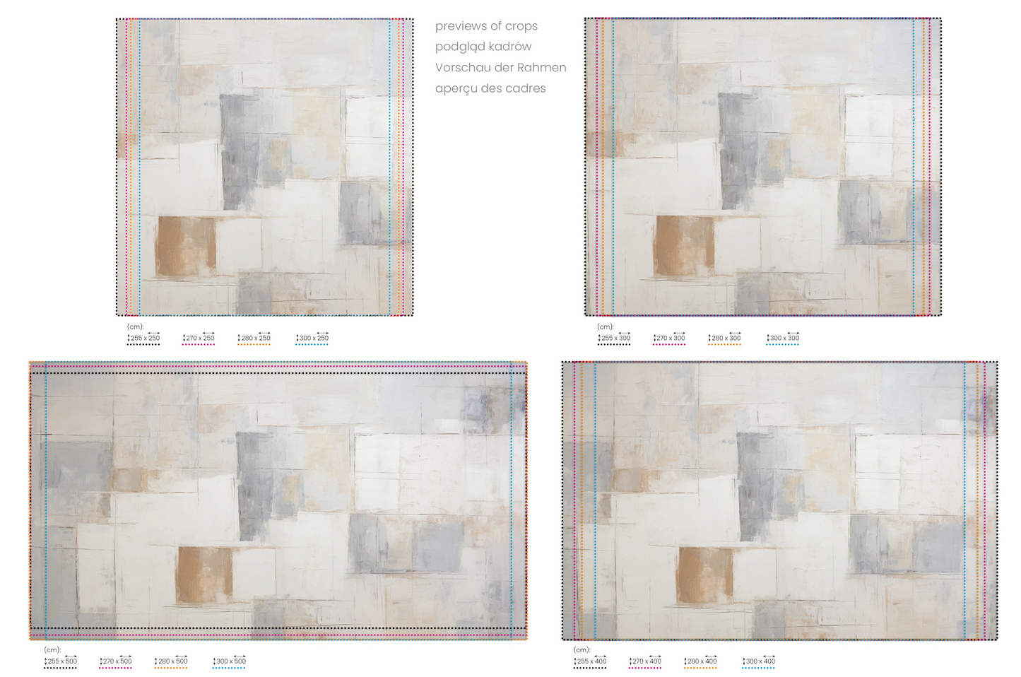 Na obrazie znajduje się prezentacja przykładowych rozmiarów fototapety o nazwie Whispers of Color. Rozmiar fototapety jest dowolny.