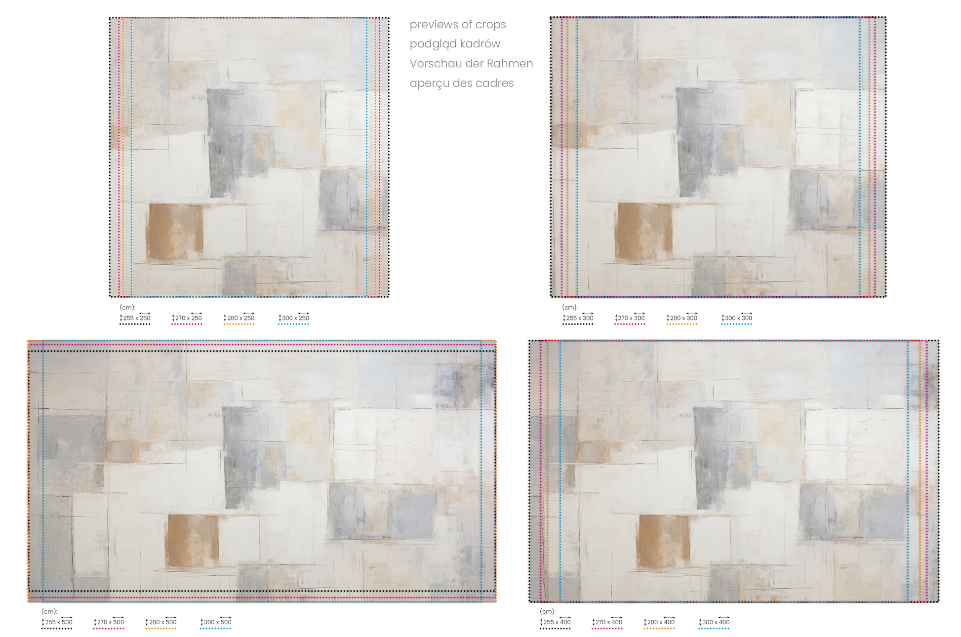 Na obrazie znajduje się prezentacja przykładowych rozmiarów fototapety o nazwie Whispers of Color. Rozmiar fototapety jest dowolny.