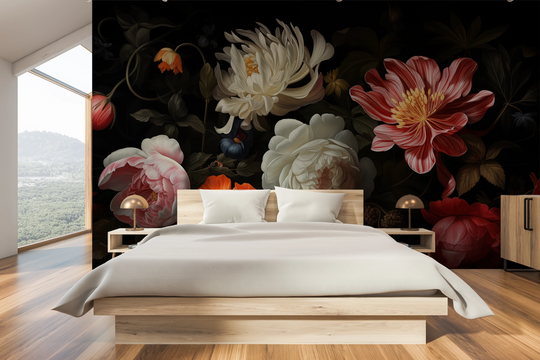 Wzór fototapety artystycznej o nazwie Dutch Floral Masterpiece pokazanej w aranżacji wnętrza.
