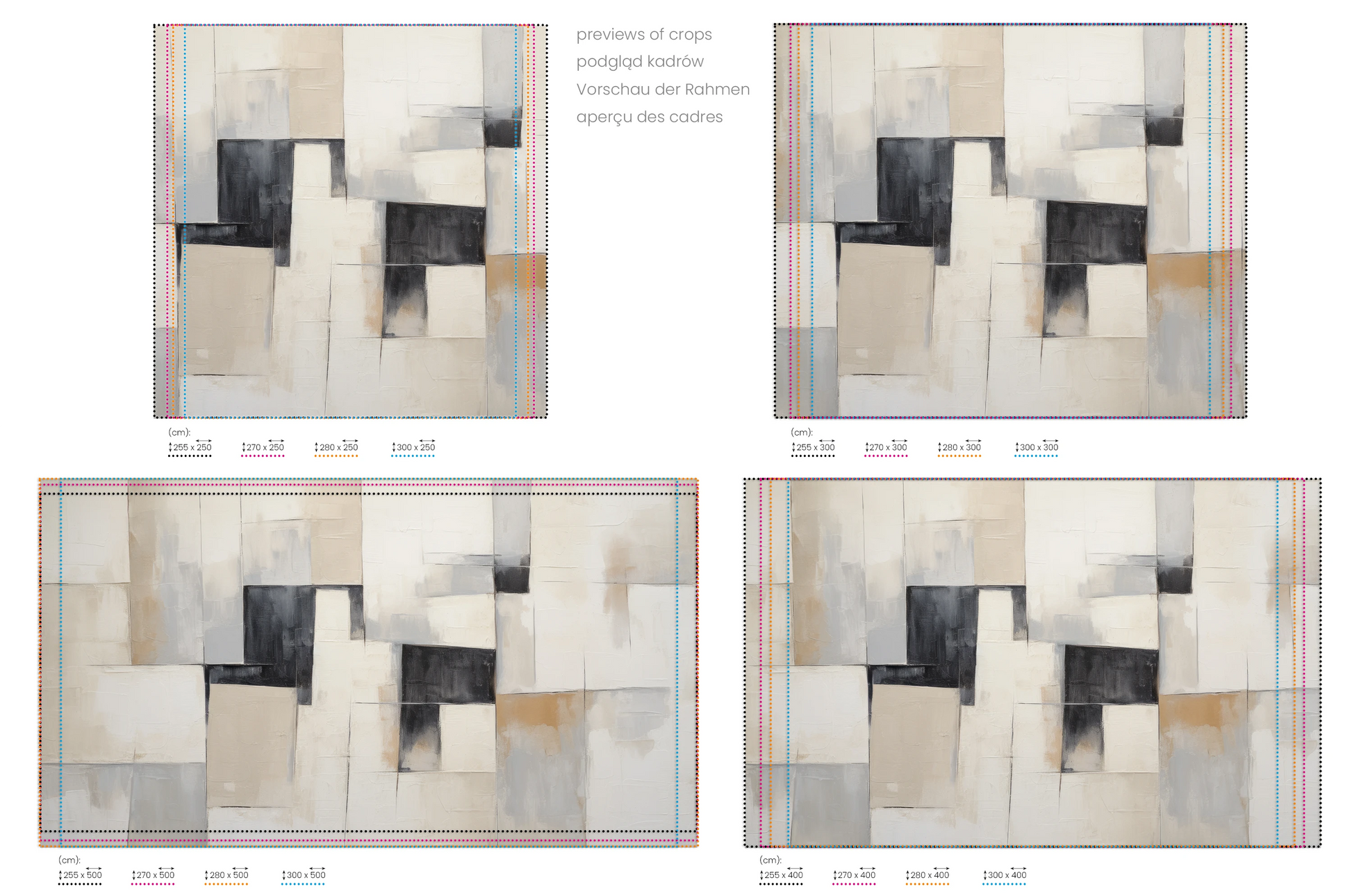 Na obrazie znajduje się prezentacja przykładowych rozmiarów fototapety o nazwie Contemporary Patchwork. Rozmiar fototapety jest dowolny.