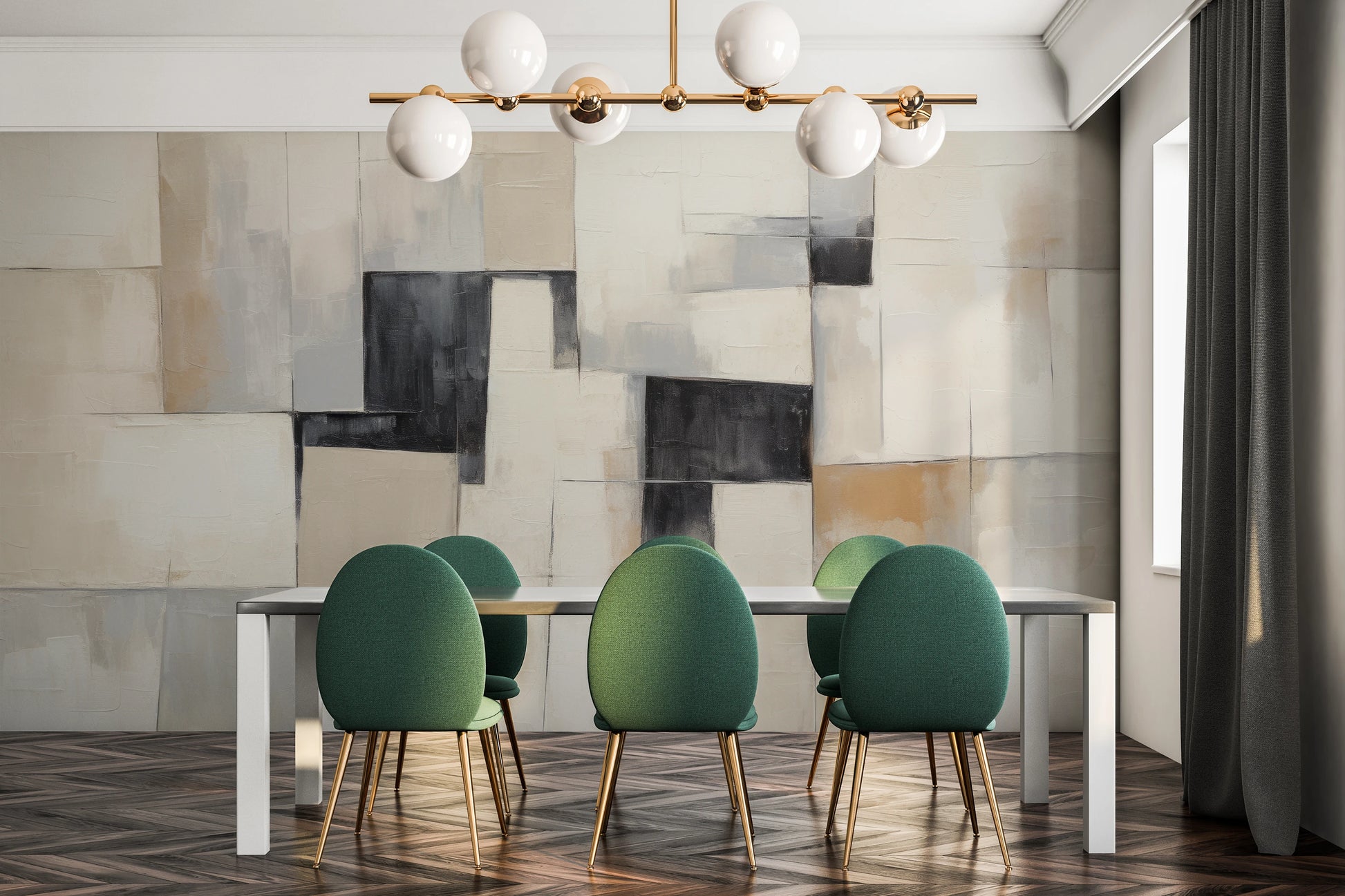 Wzór fototapety o nazwie Contemporary Patchwork pokazanej w kontekście pomieszczenia.